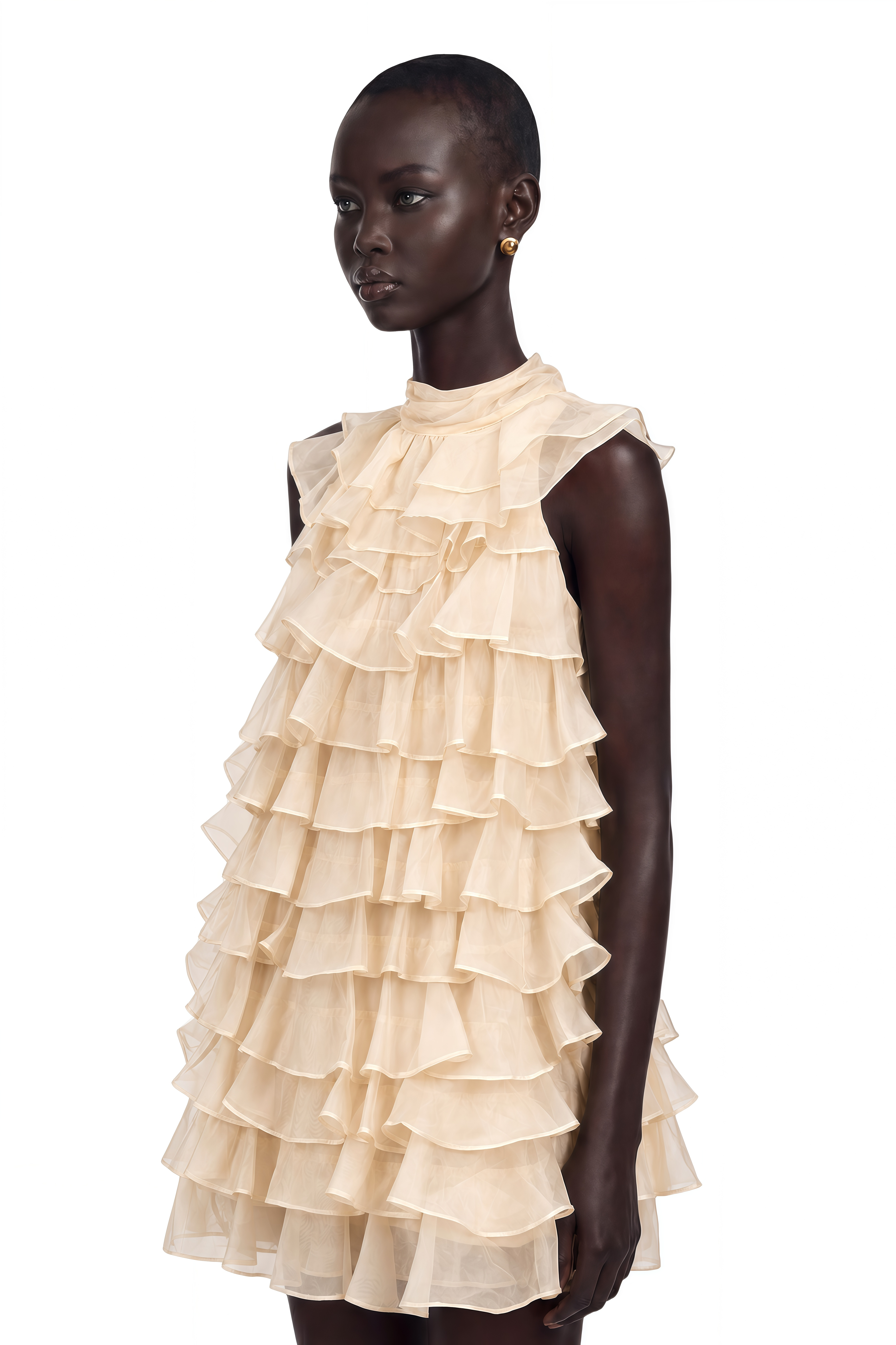 Cream high-neck tiered ruffle mini dress