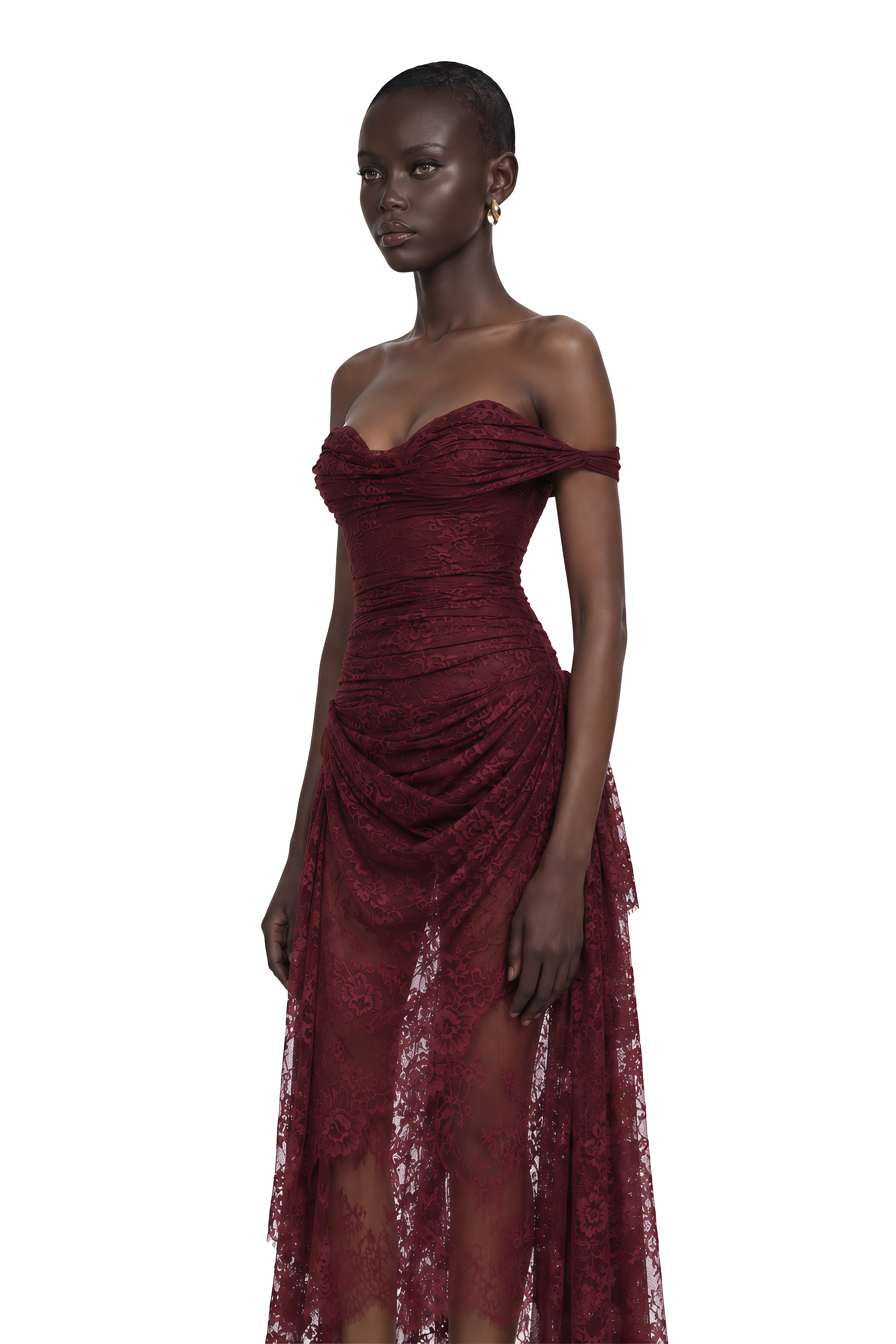 Eline Burgundy Ruched Floral Lace Gown