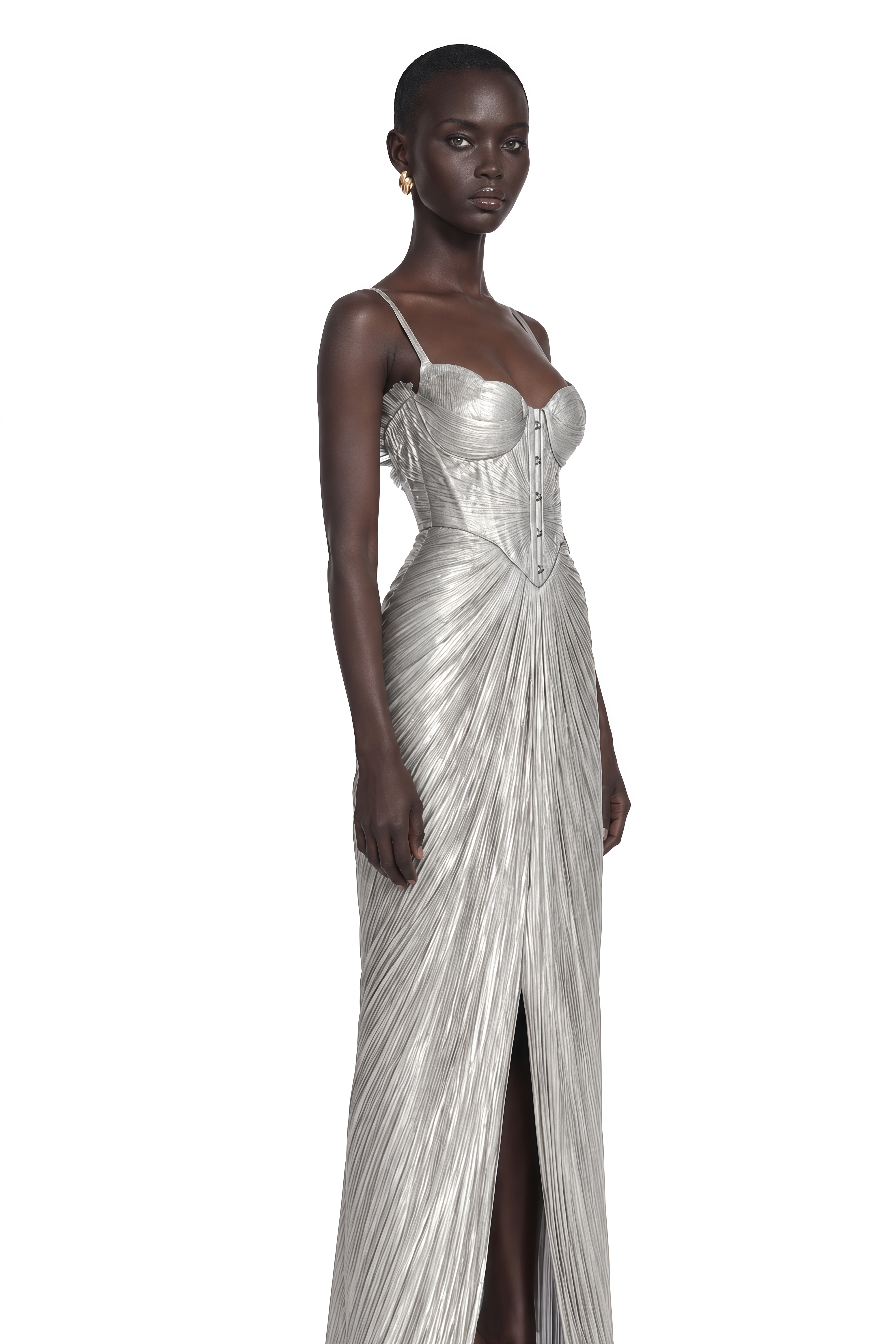 Nicoletta Silver Glossy Pleated Corset Maxi Dress