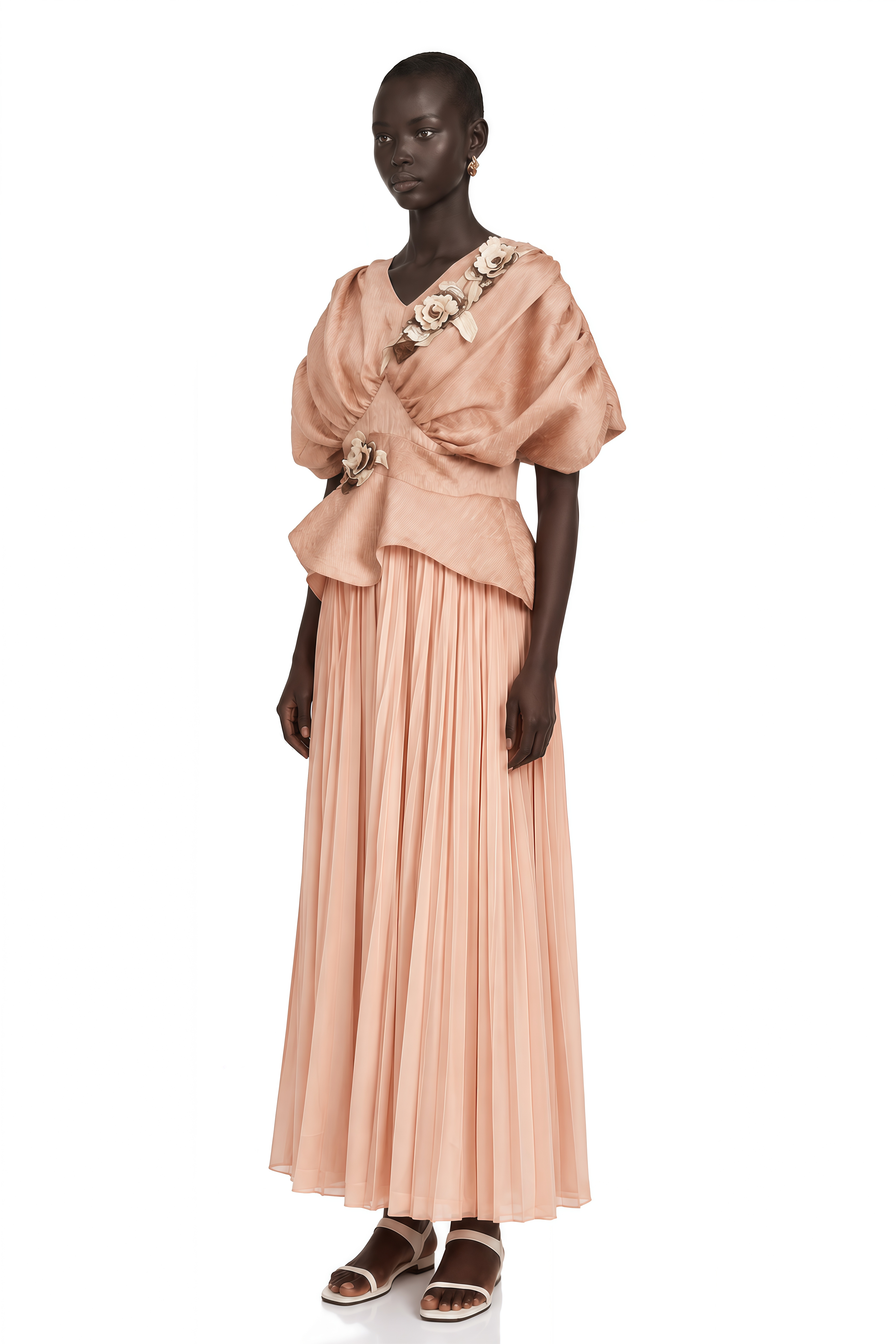 Camille Pink Floral Appliqué Pleated Maxi Dress