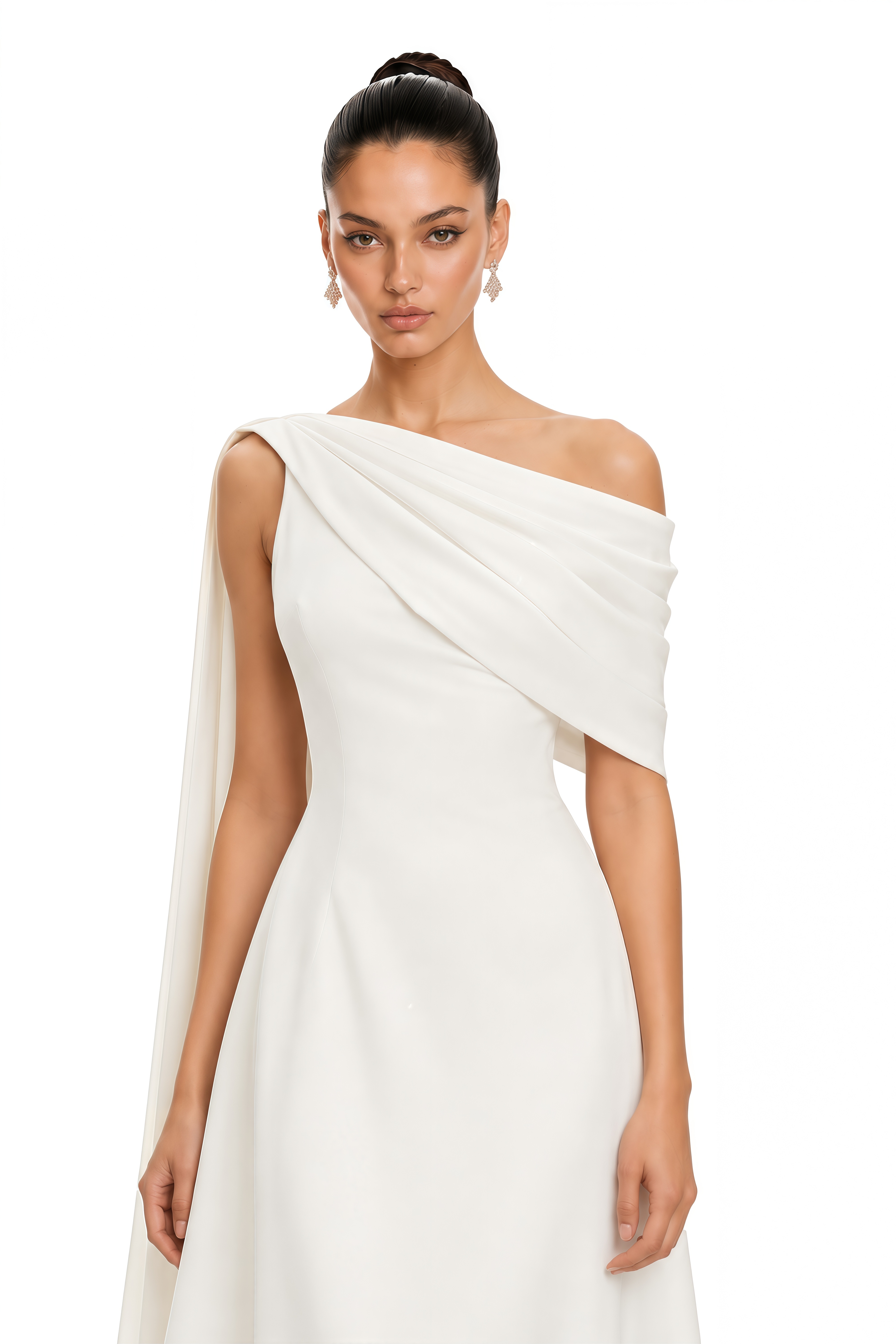Annabelle White Cape-Design Ribbon Maxi Dress