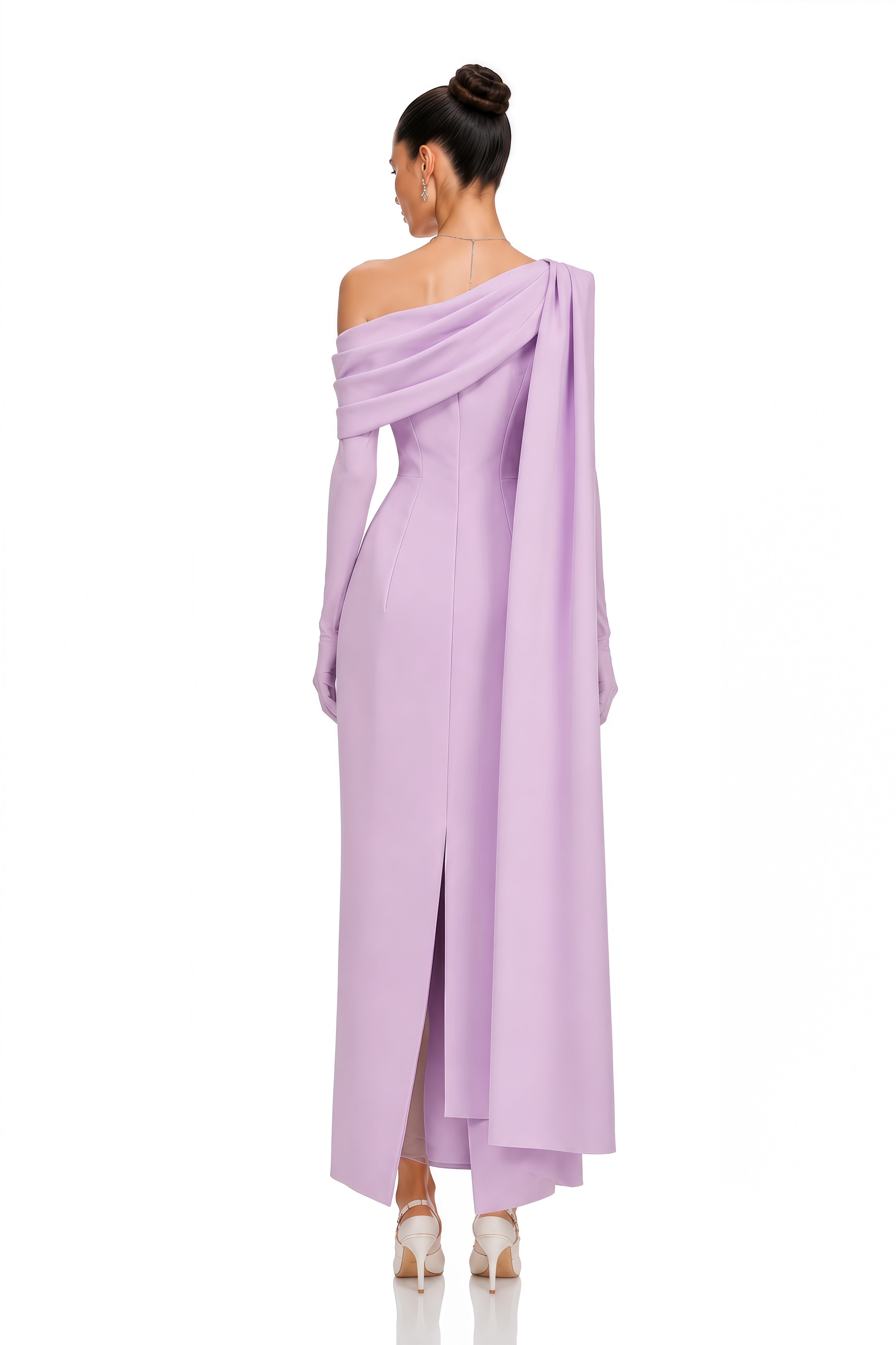 Annabelle Purple Cape-Design Ribbon Maxi Dress