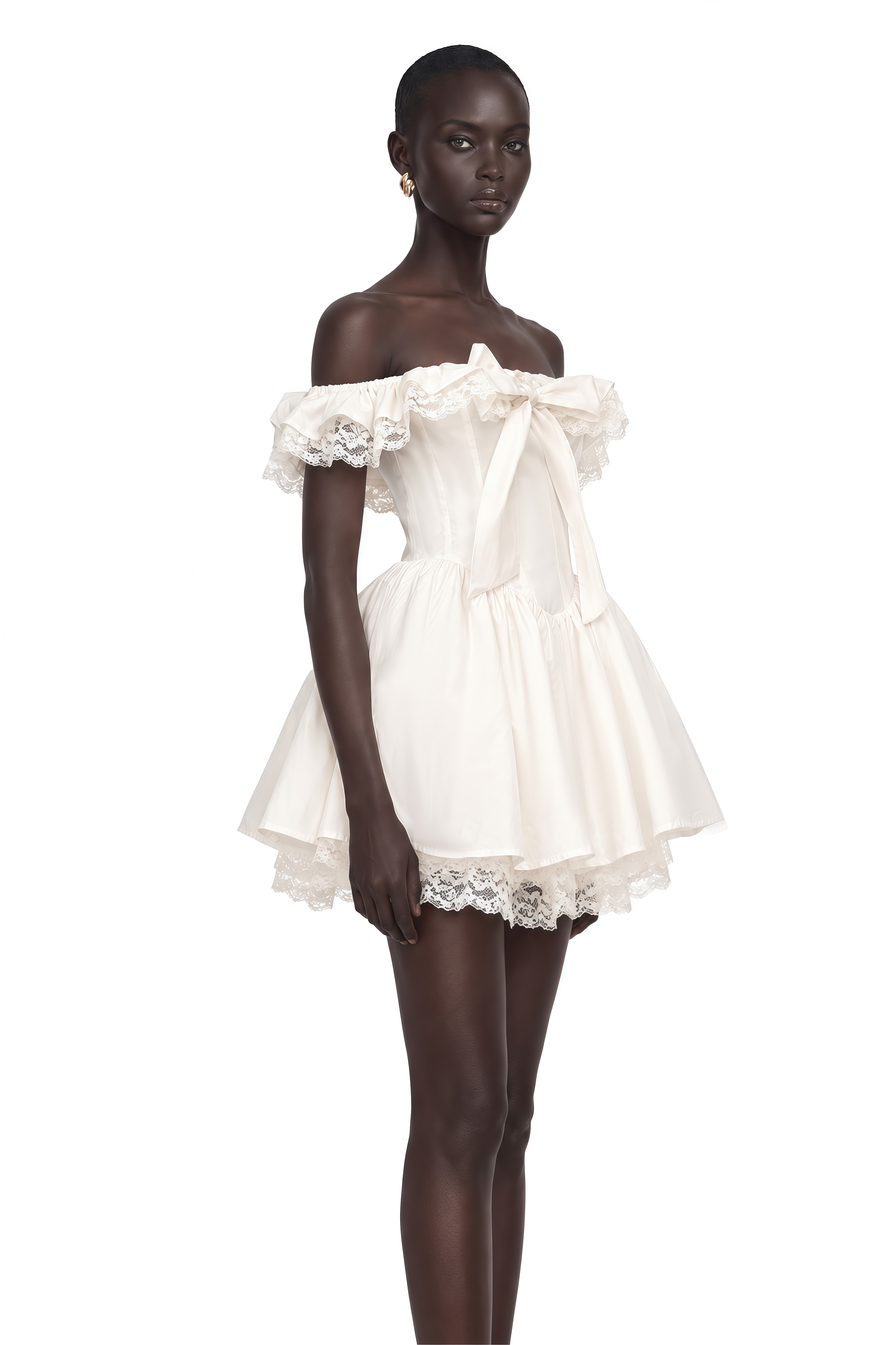 Arsène White Oversize-Bow Ruffled Mini Dress
