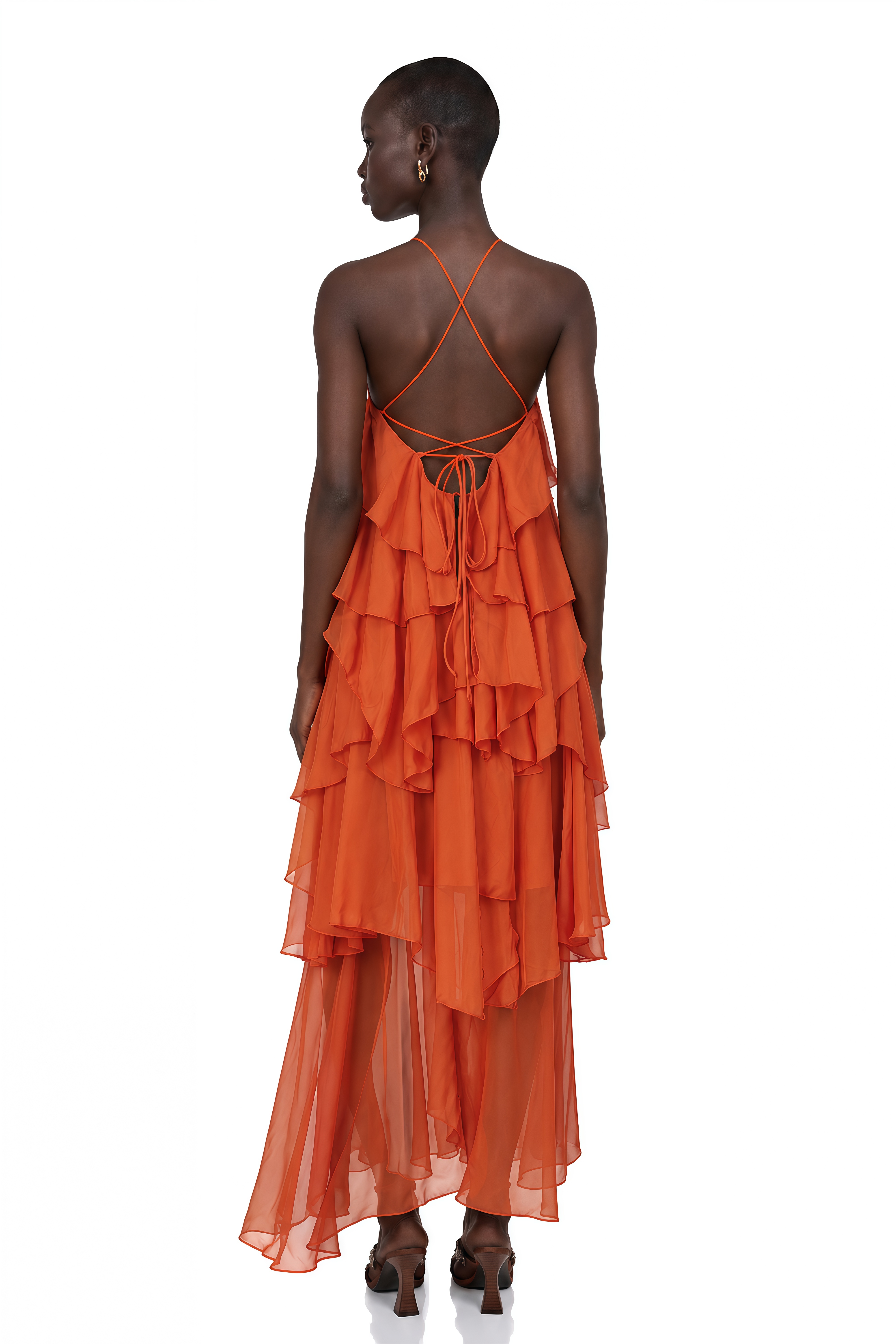 Carrie Orange Halterneck Flounced Maxi Dress
