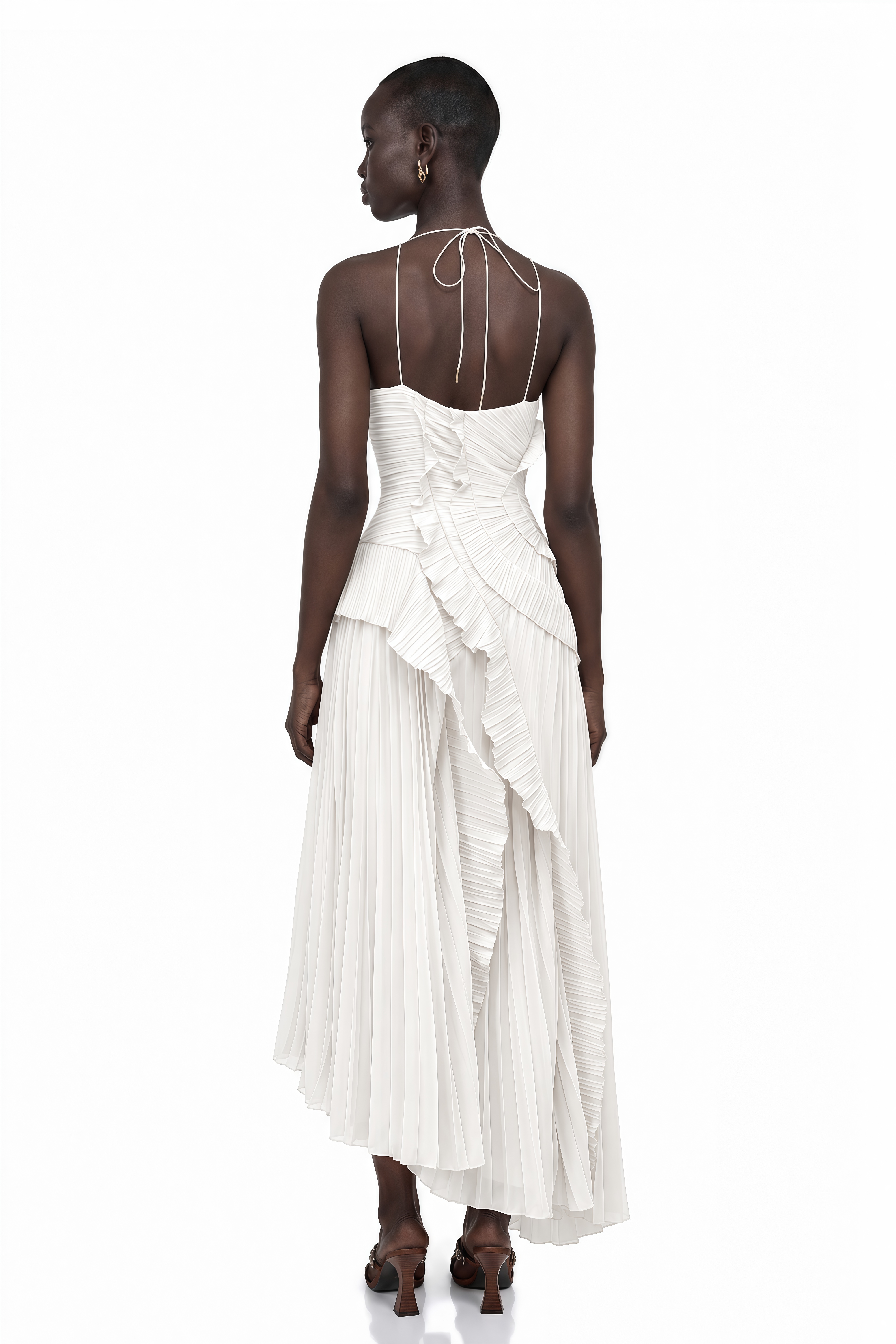 Doux White Ruffled Trim Pleated Midi Dress