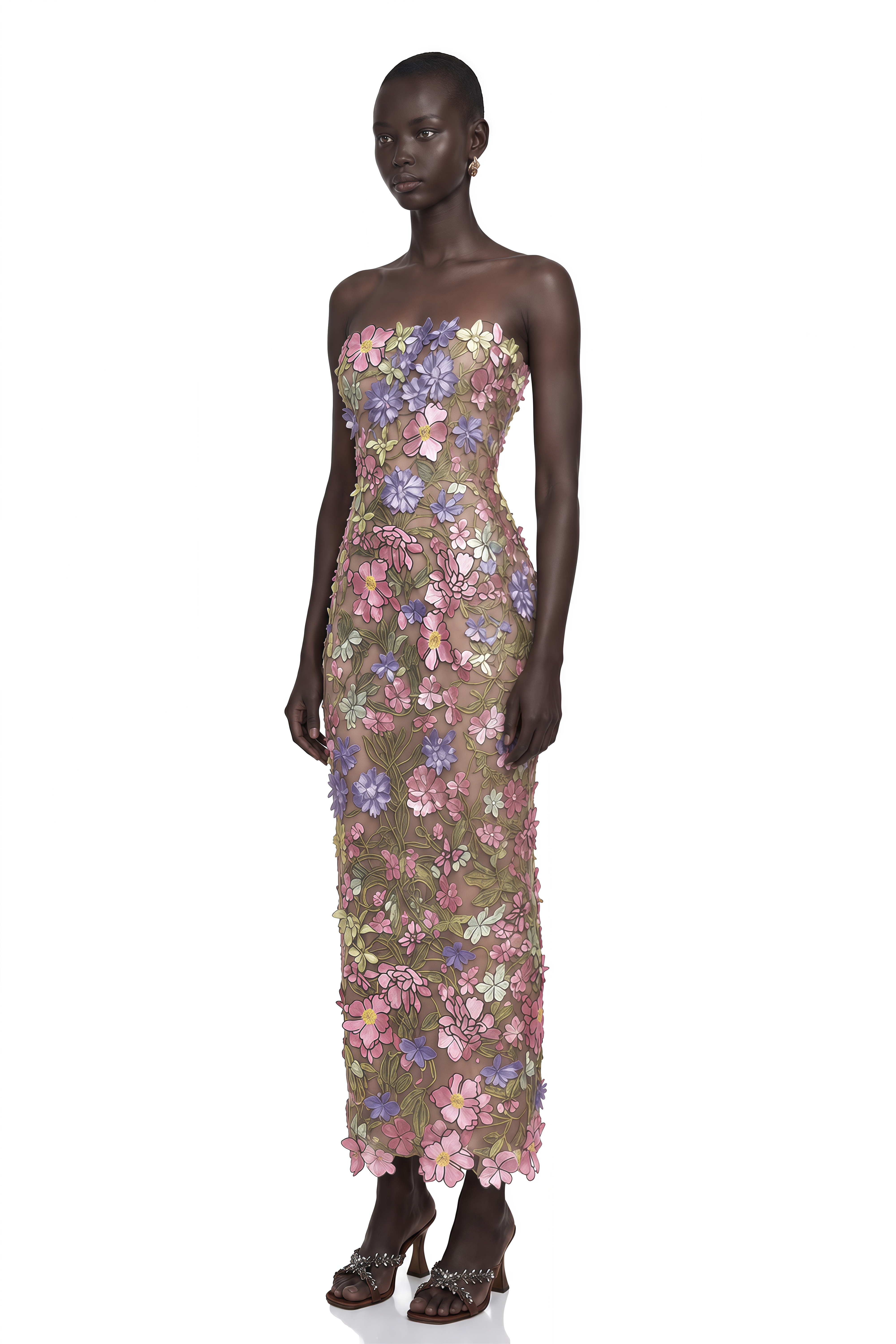 Qudsia Nude Floral Embroidered Maxi Dress