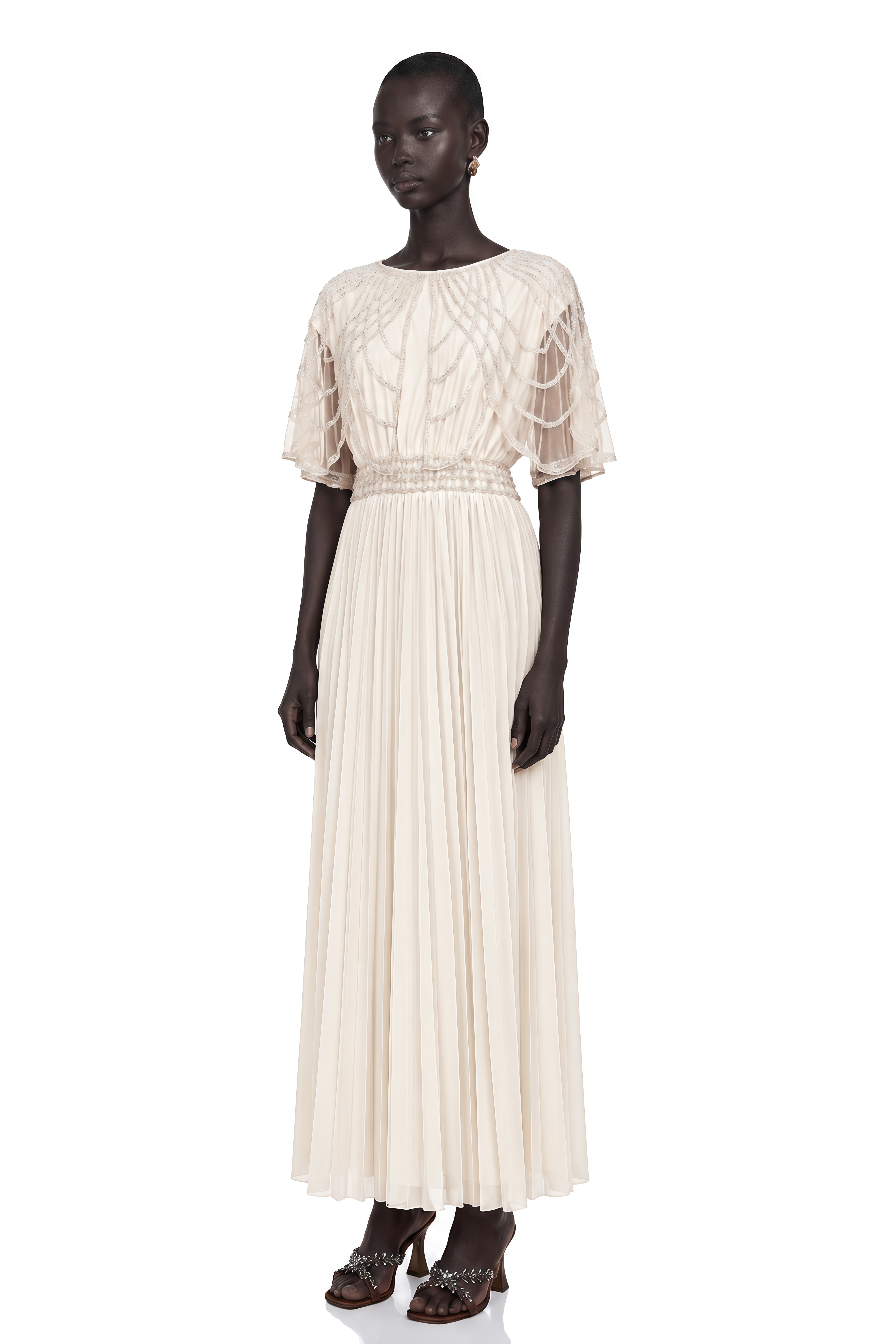 Xénia White Crystal-Embellished Pleated Maxi Dress
