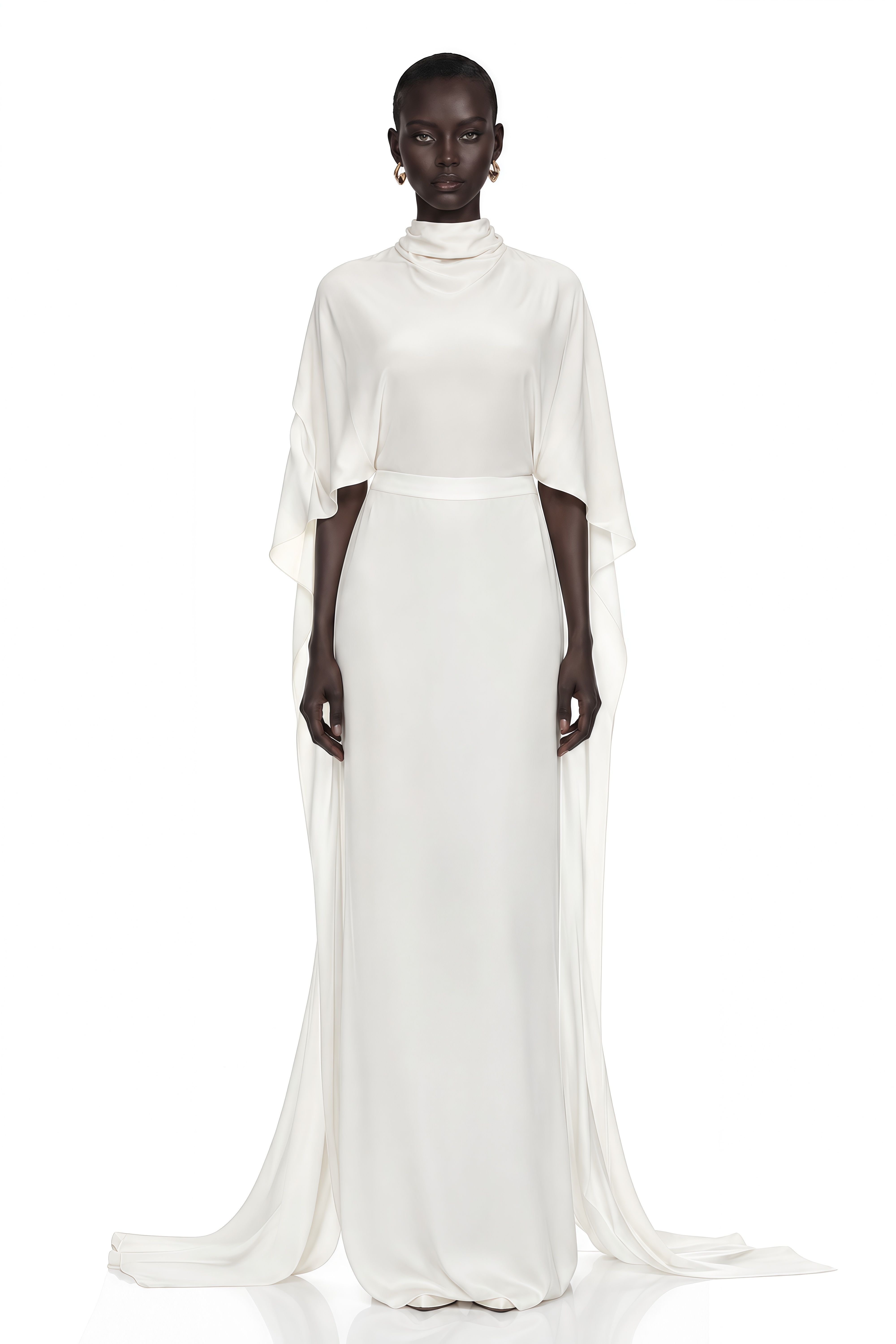 Lebeda White Backless Maxi Dress with Cape