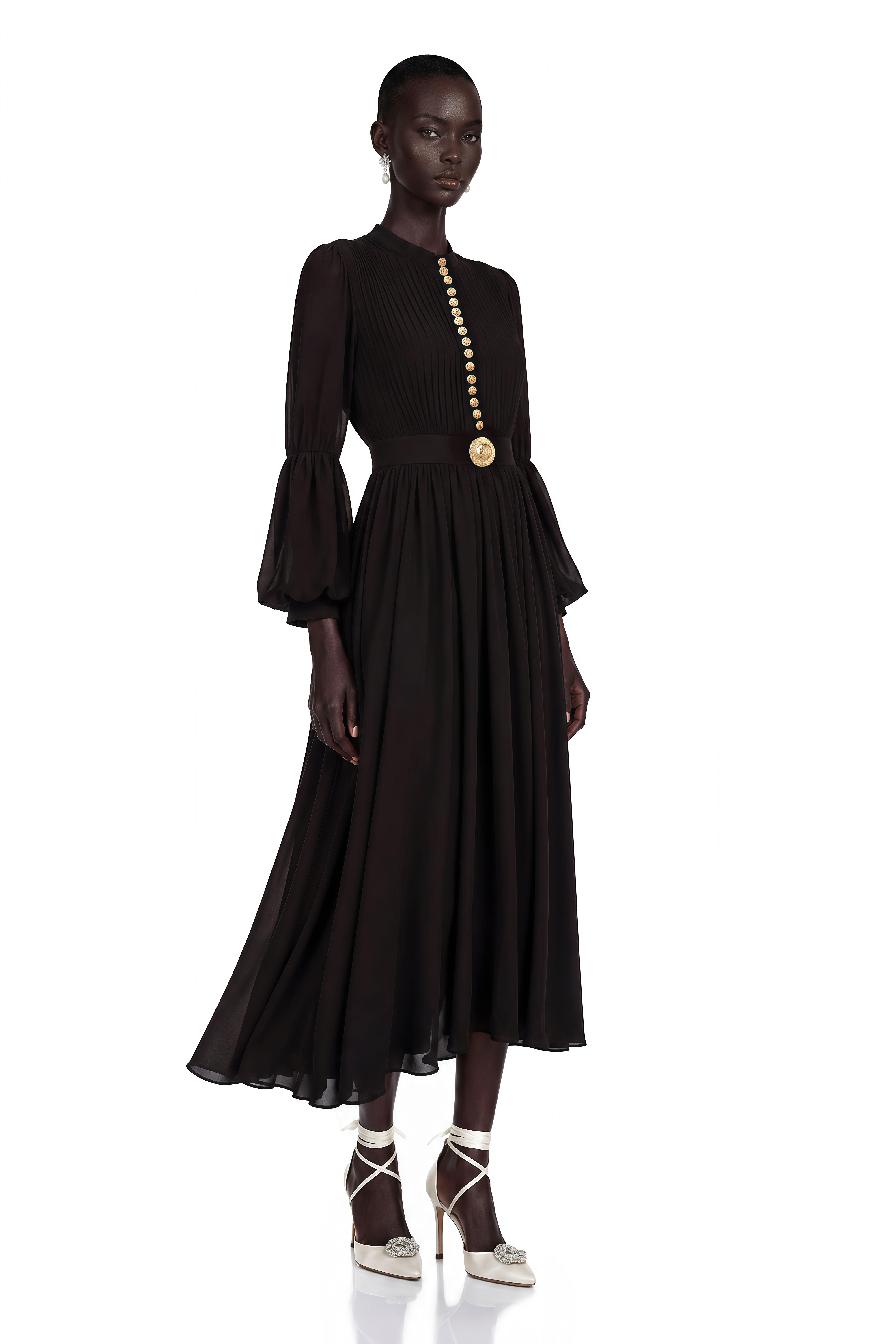 Black pleated midi dress with gold button details