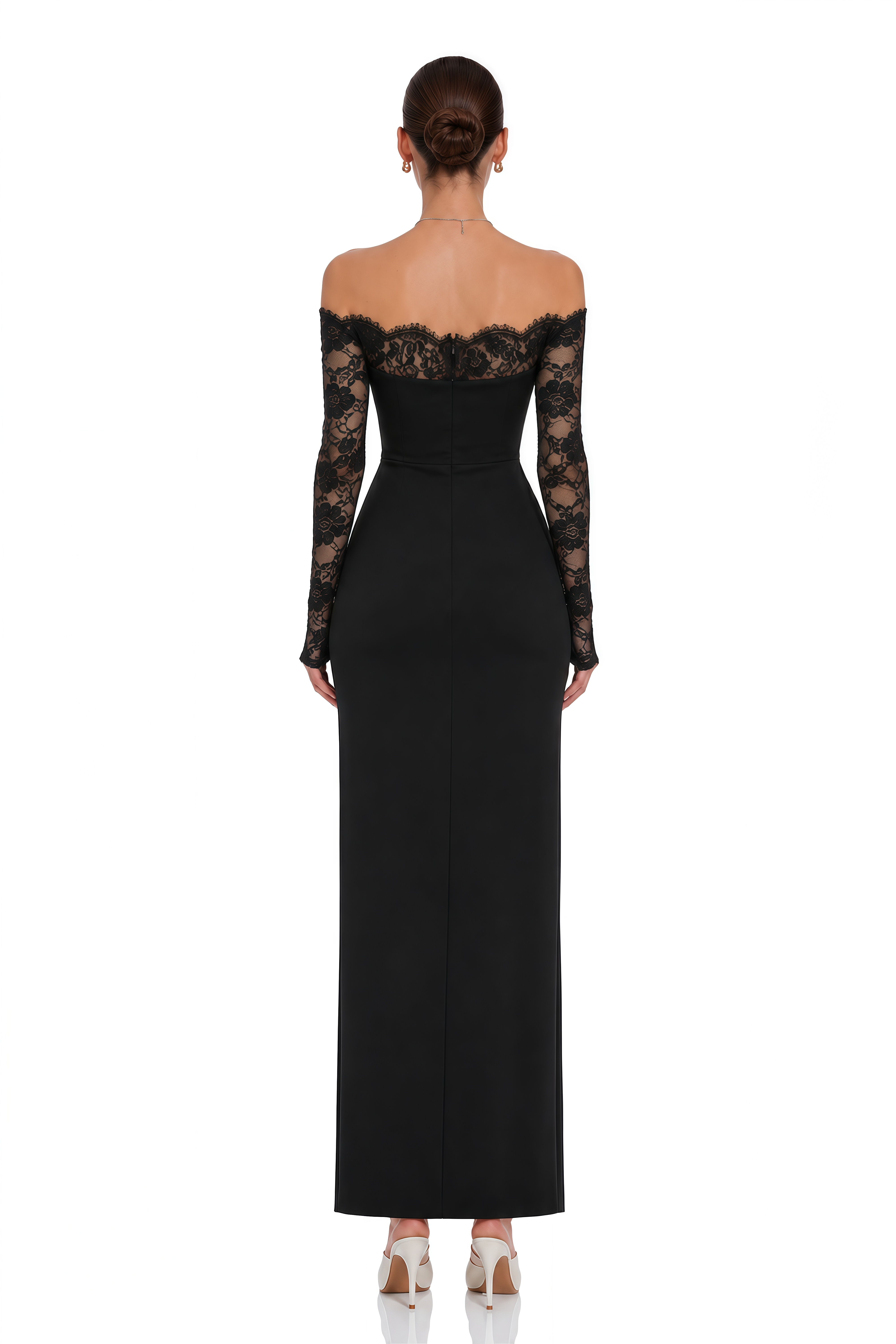 Nephele Black Off Shoulder Floral Lace Maxi Dress