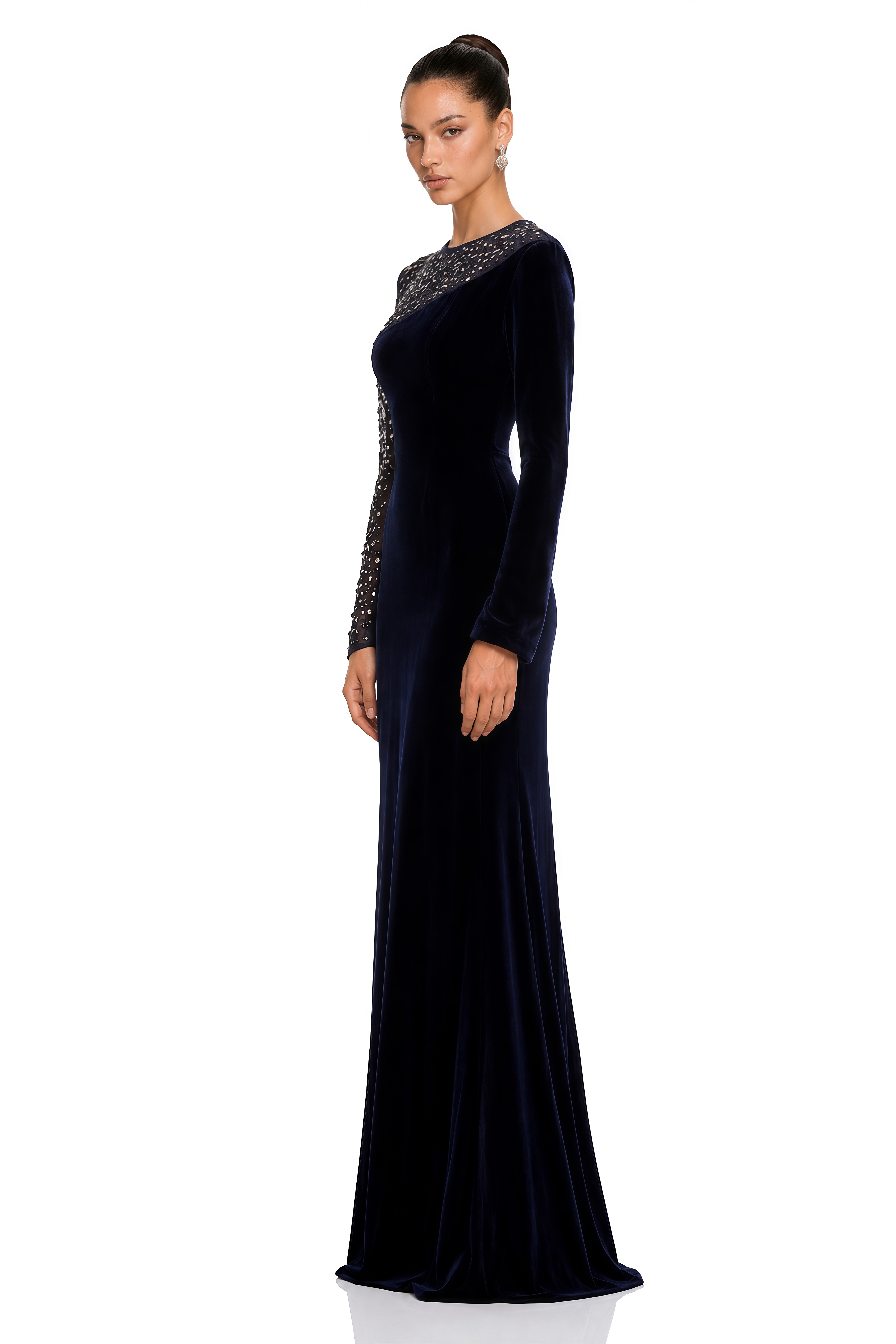 Rosemary Blue Embellished Velvet Maxi Gown