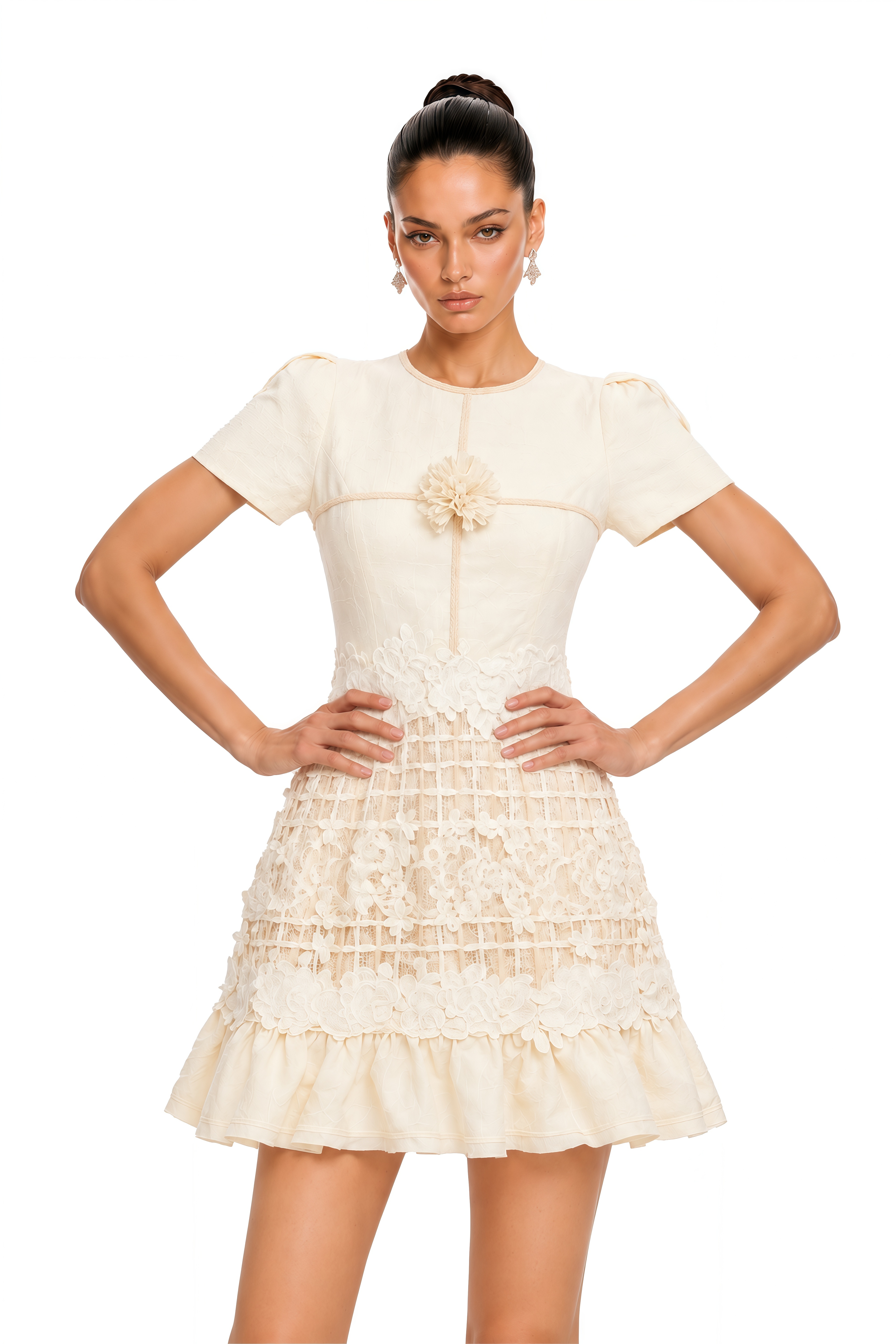 Bianka Neutral Crochet Floral Mini Dress