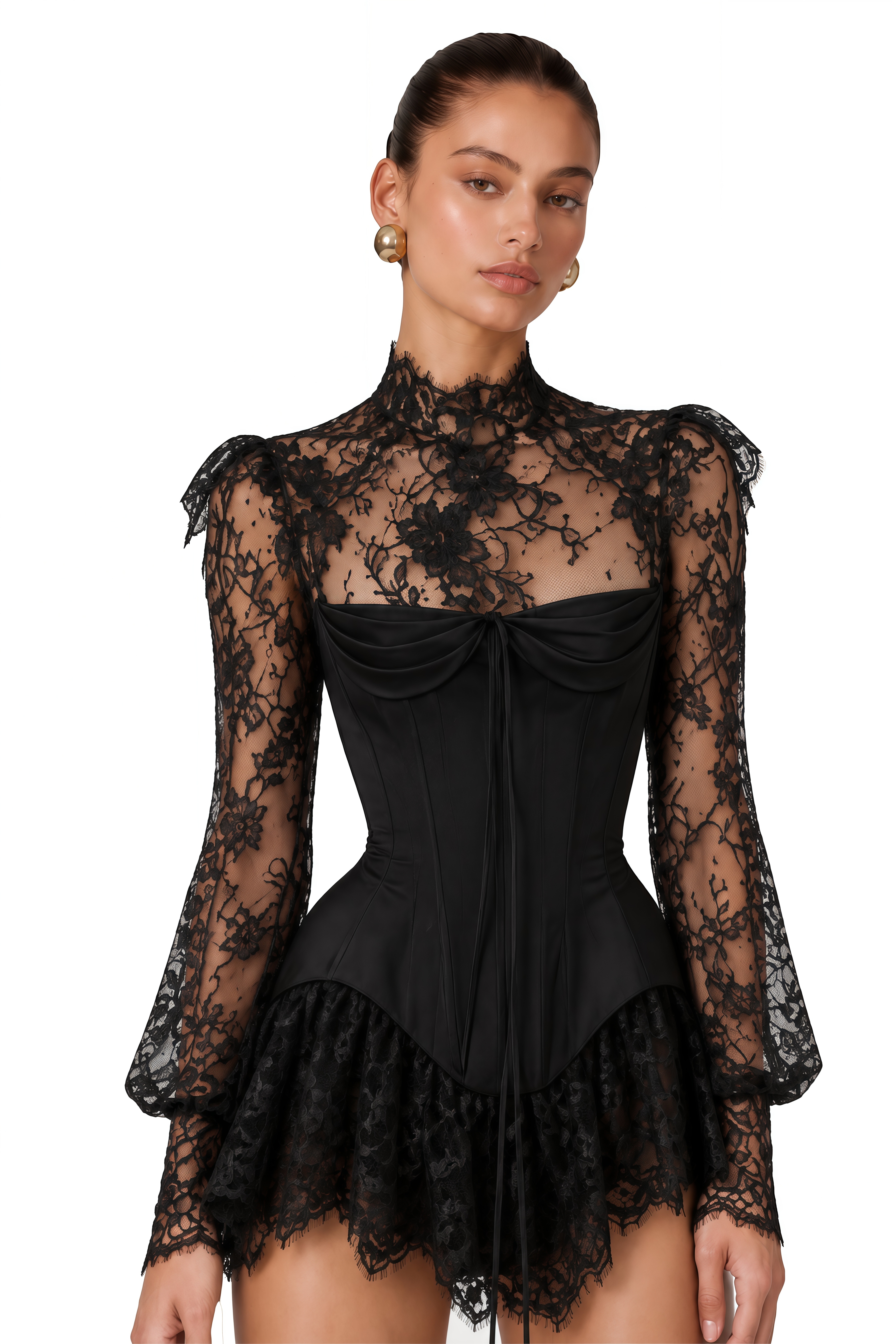 Michalina Black Lace Convertible Gown with Long Sleeves