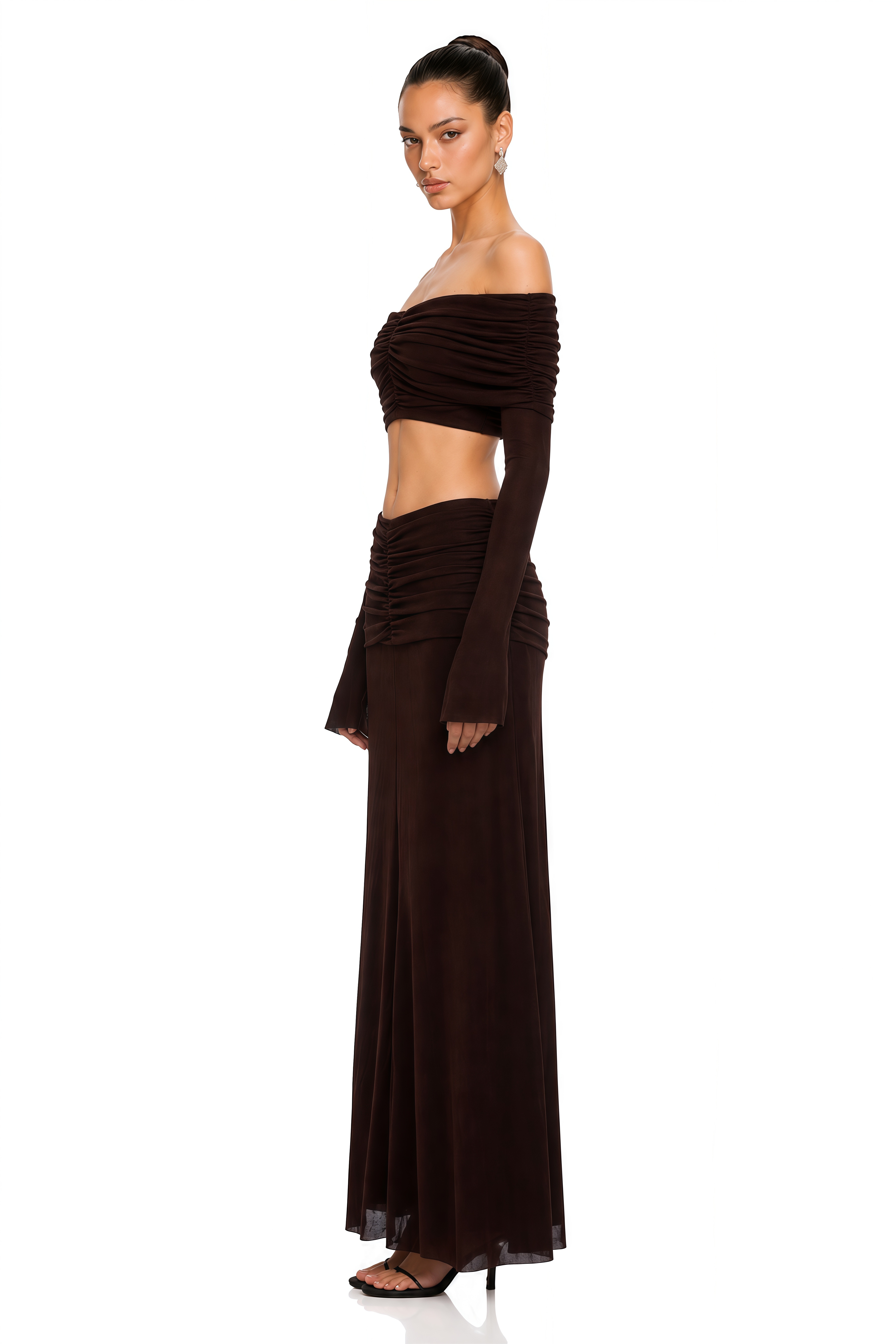 Solene Brown Off-Shoulder Top & Ruched Skirt Set