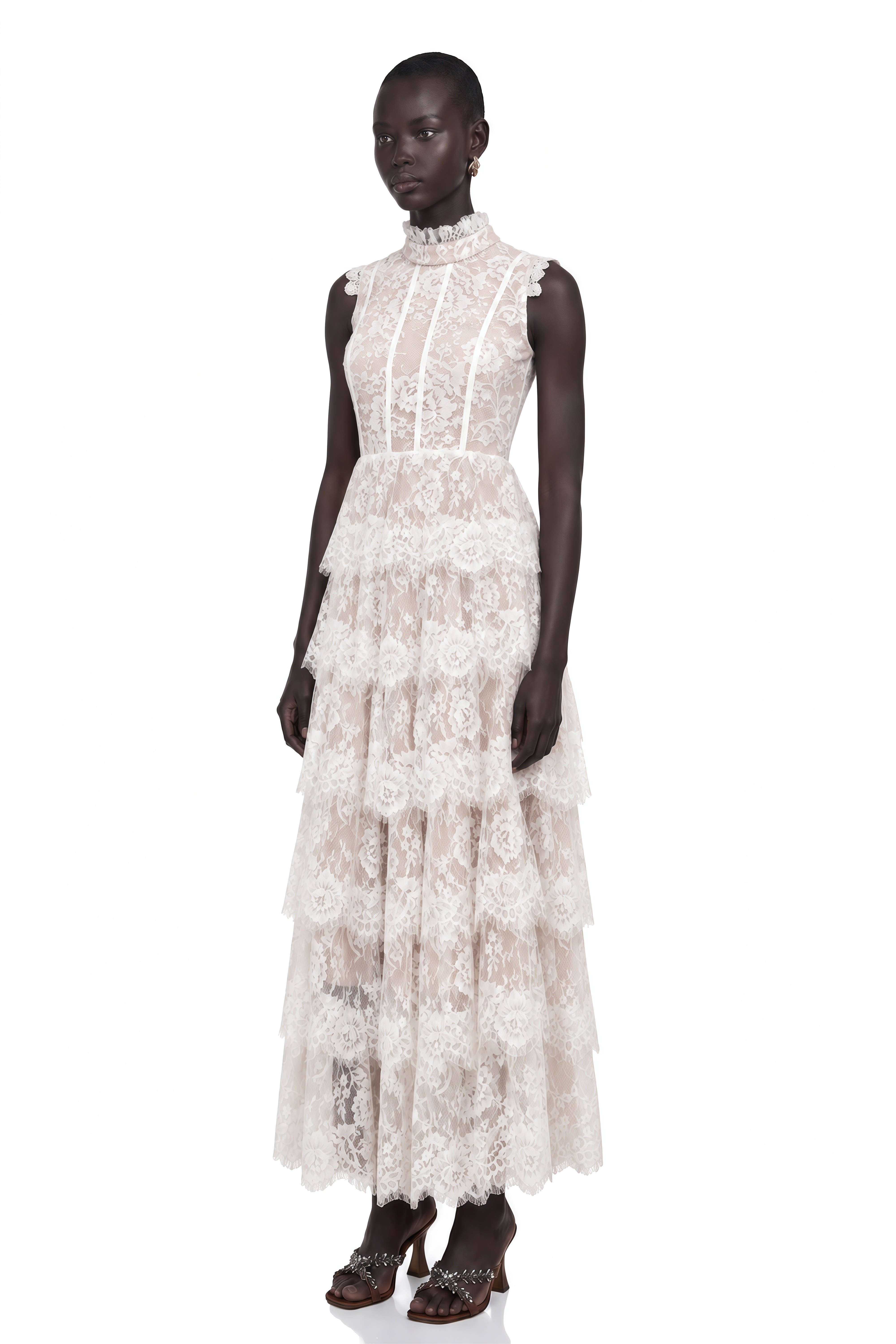Thérèse White Embellished Floral Lace Tiered Maxi Dress