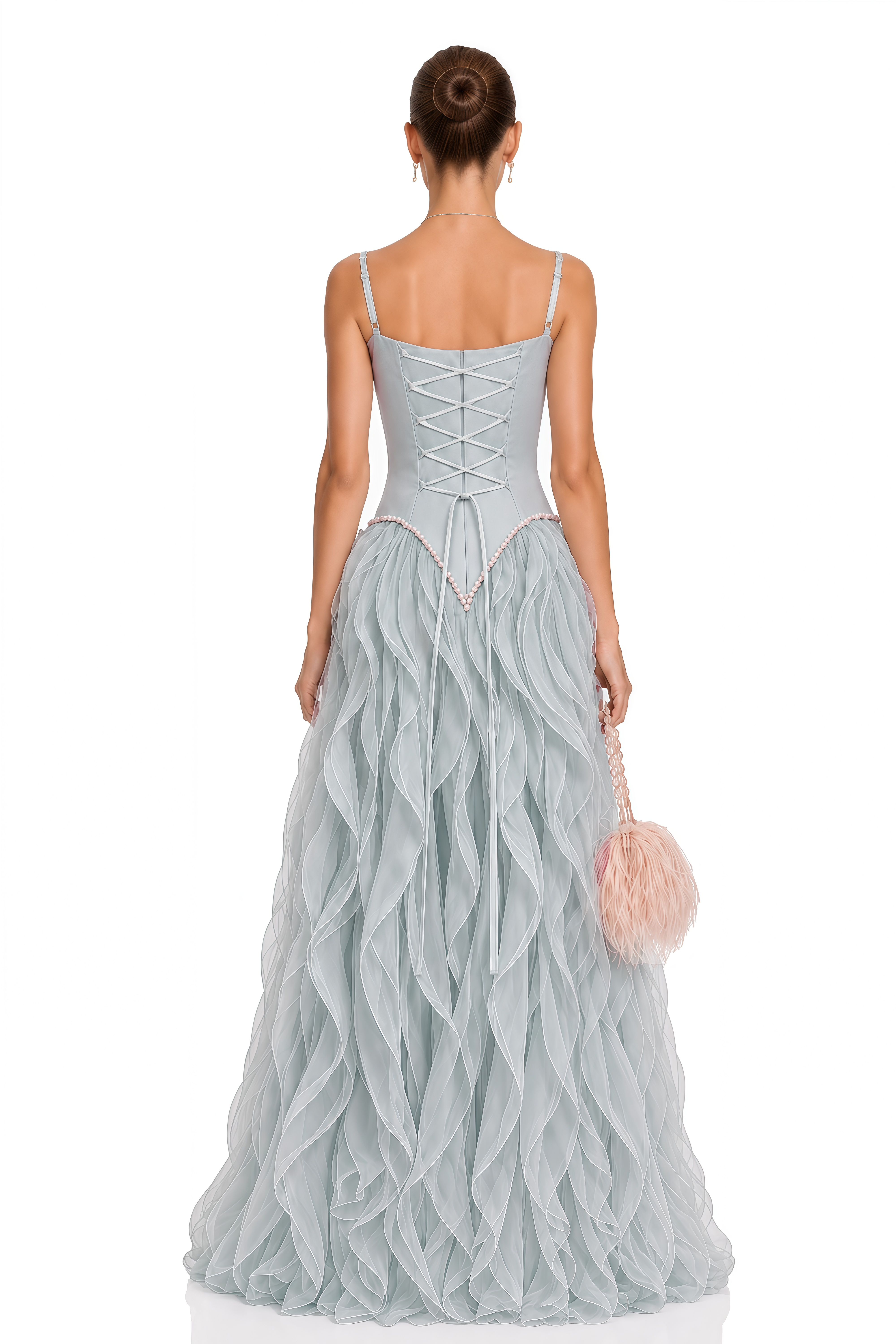 Ianthe Dusty Blue Ruffled Tulle Maxi Dress (Without Gloves)