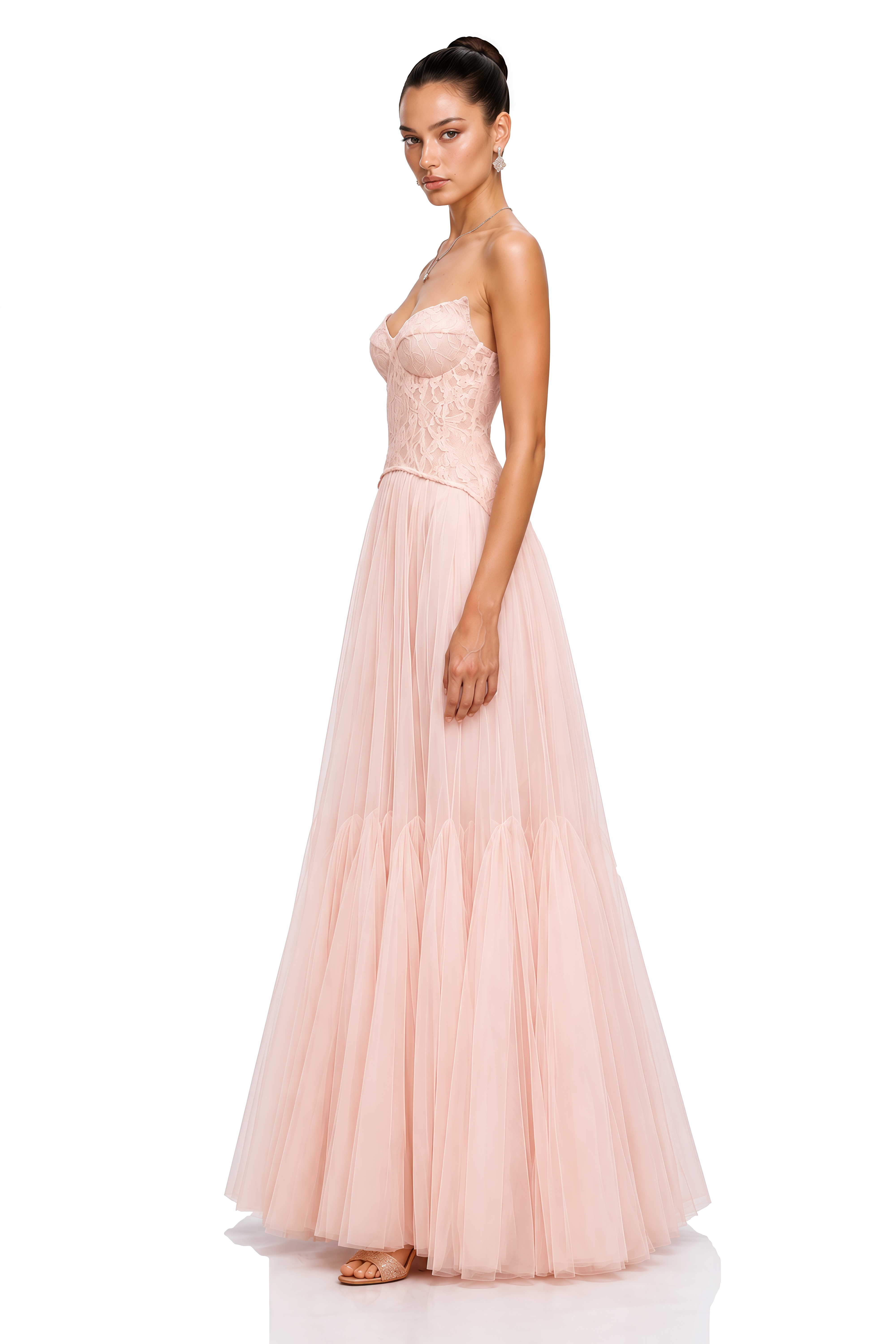 Ulrique Pink Lace Corset Tulle Maxi Dress