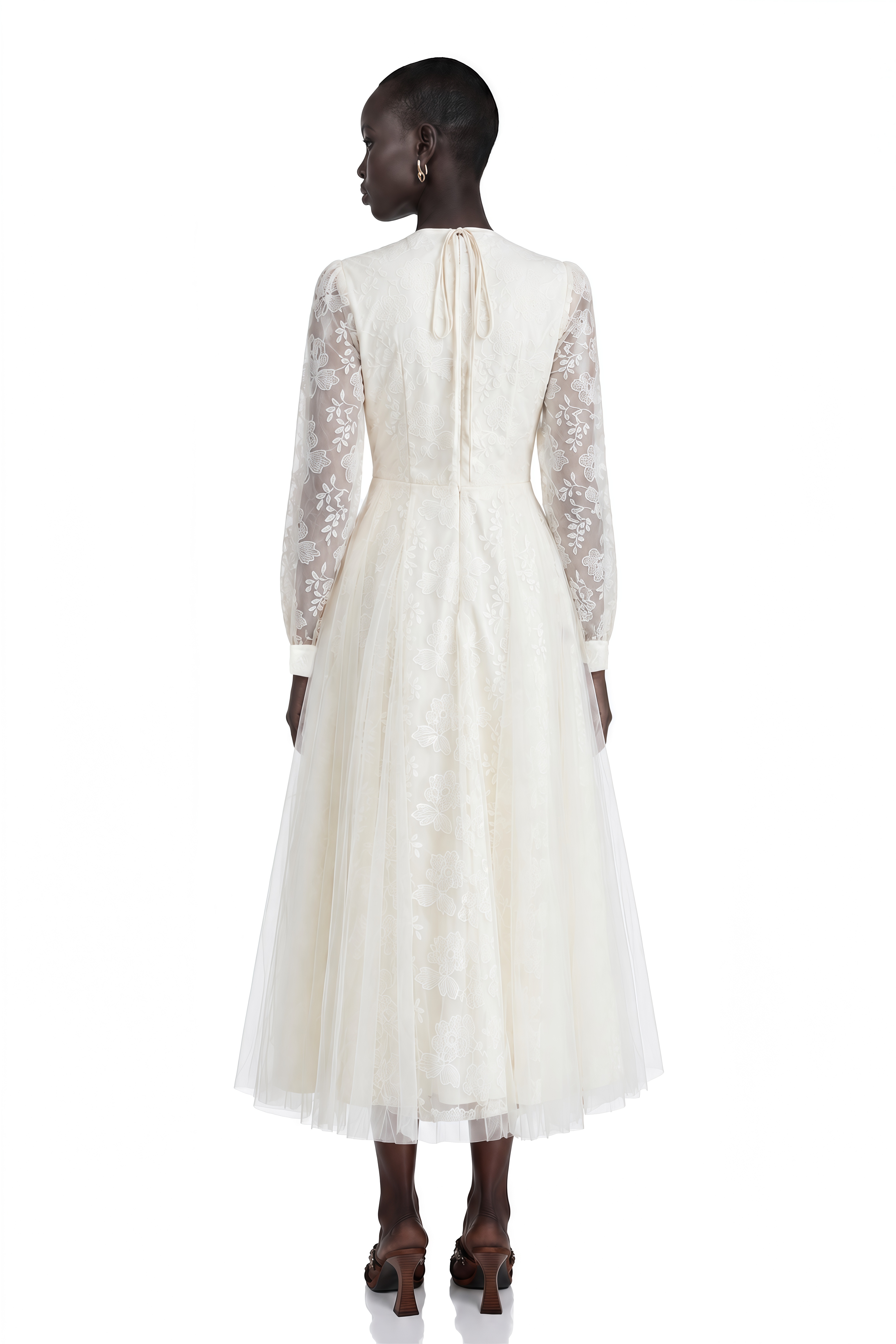 Eirlys White Floral Lace Tulle Midi Dress
