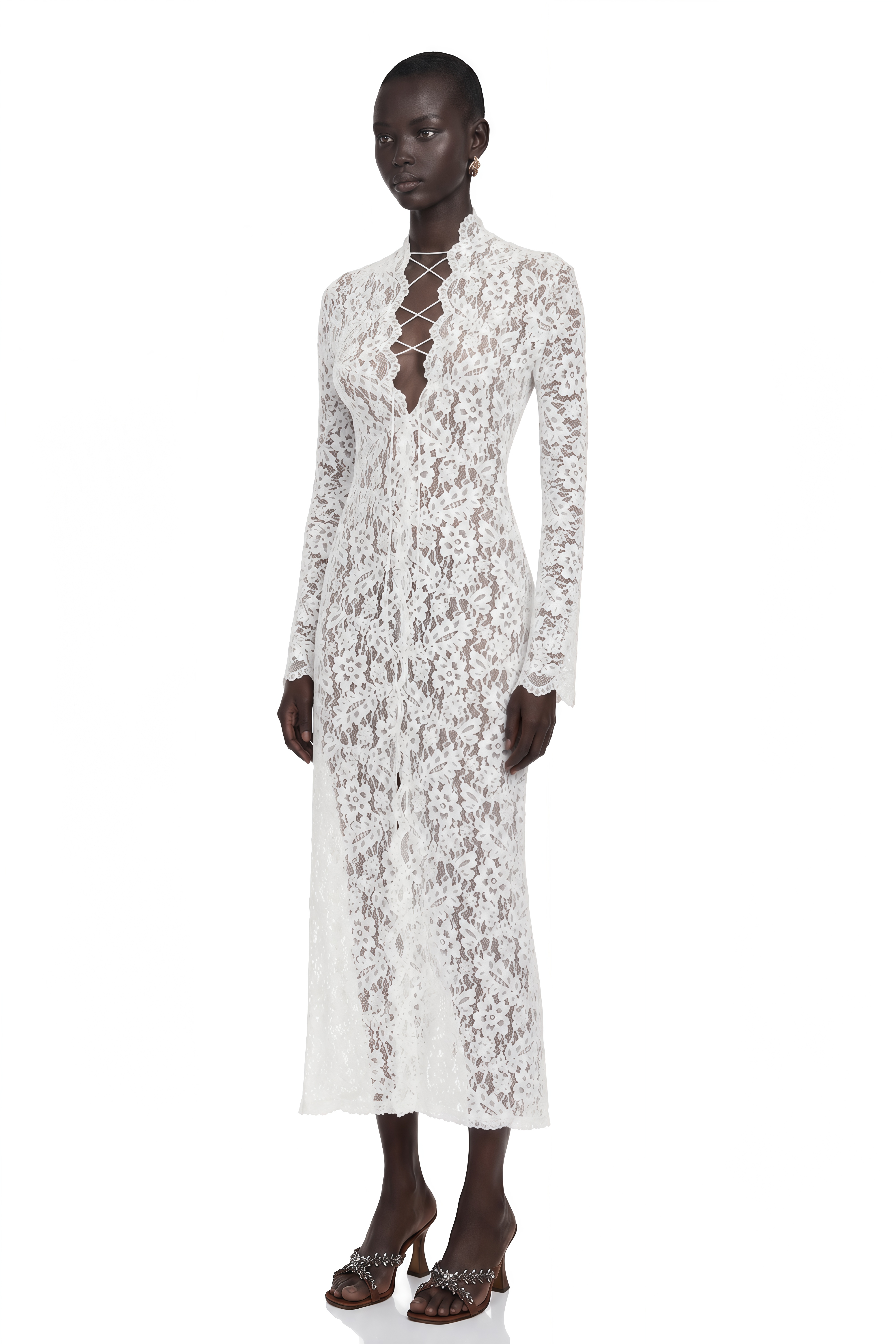 Maëlys White Floral Lace Plunge Neck Maxi Dress