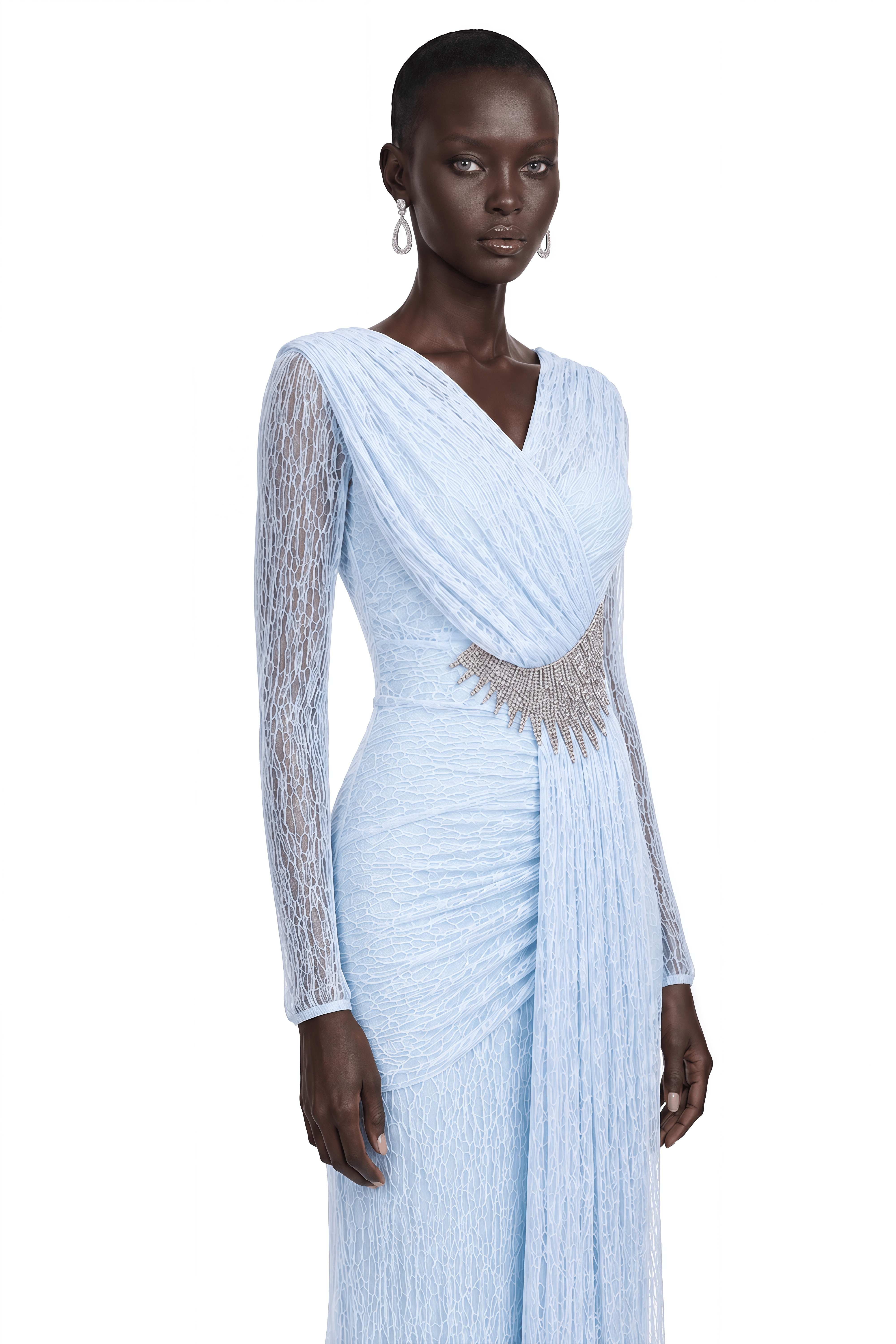 Elva Baby Blue Crystal-Embellished Draped Maxi Dress