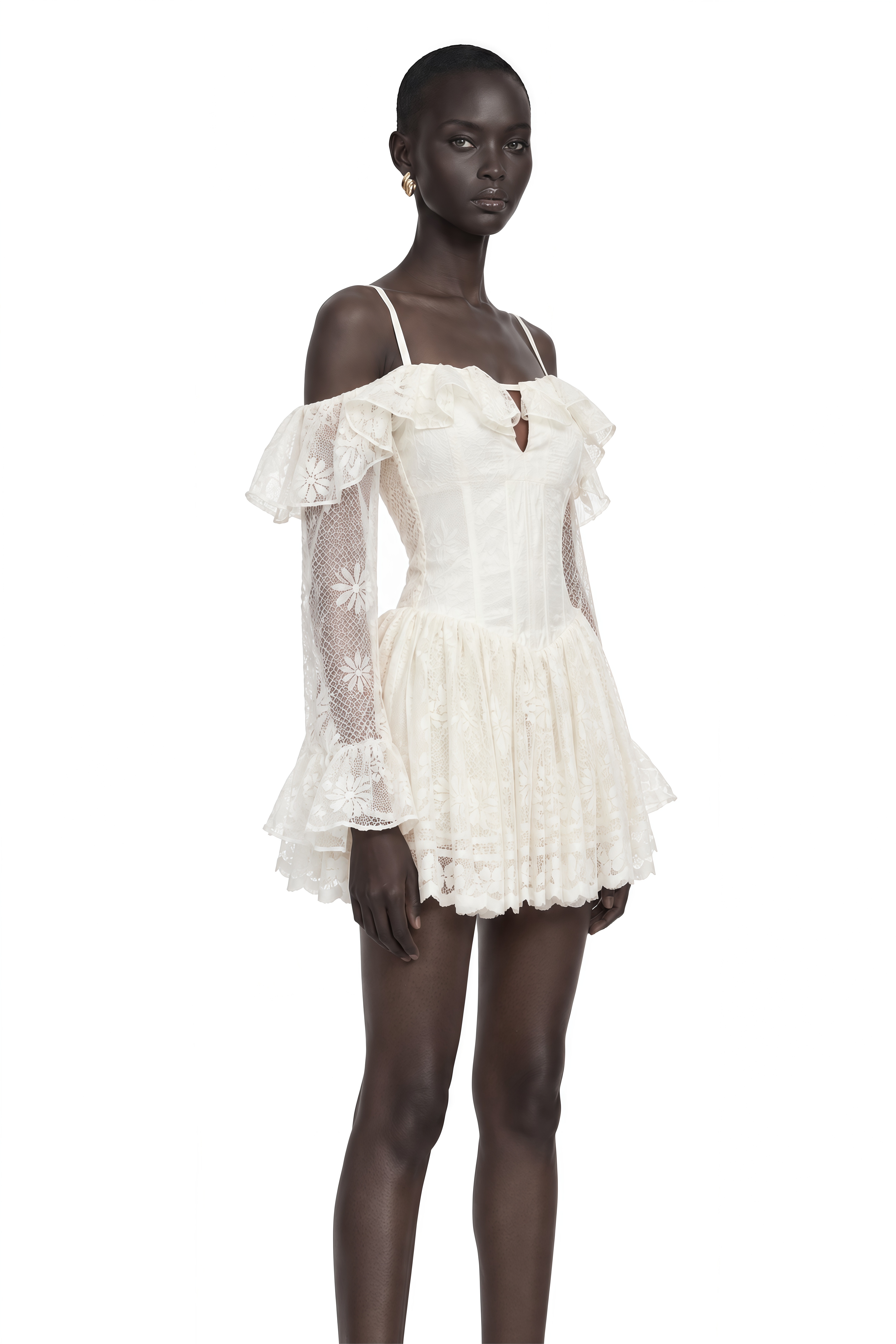Omphale Neutral Floral Lace Ruffled Mini Dress