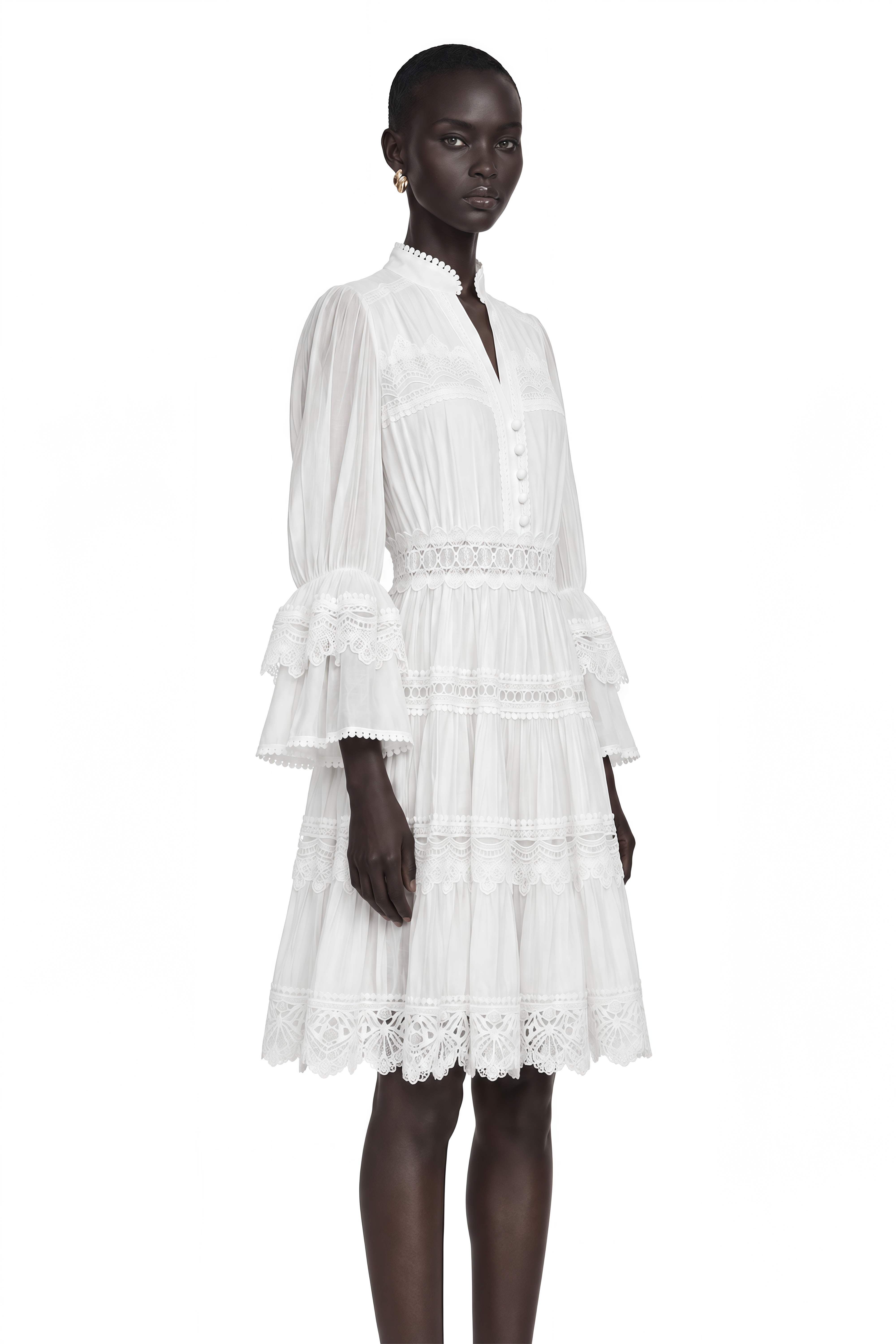 Hespera White Ruffled Floral Lace Mini Dress