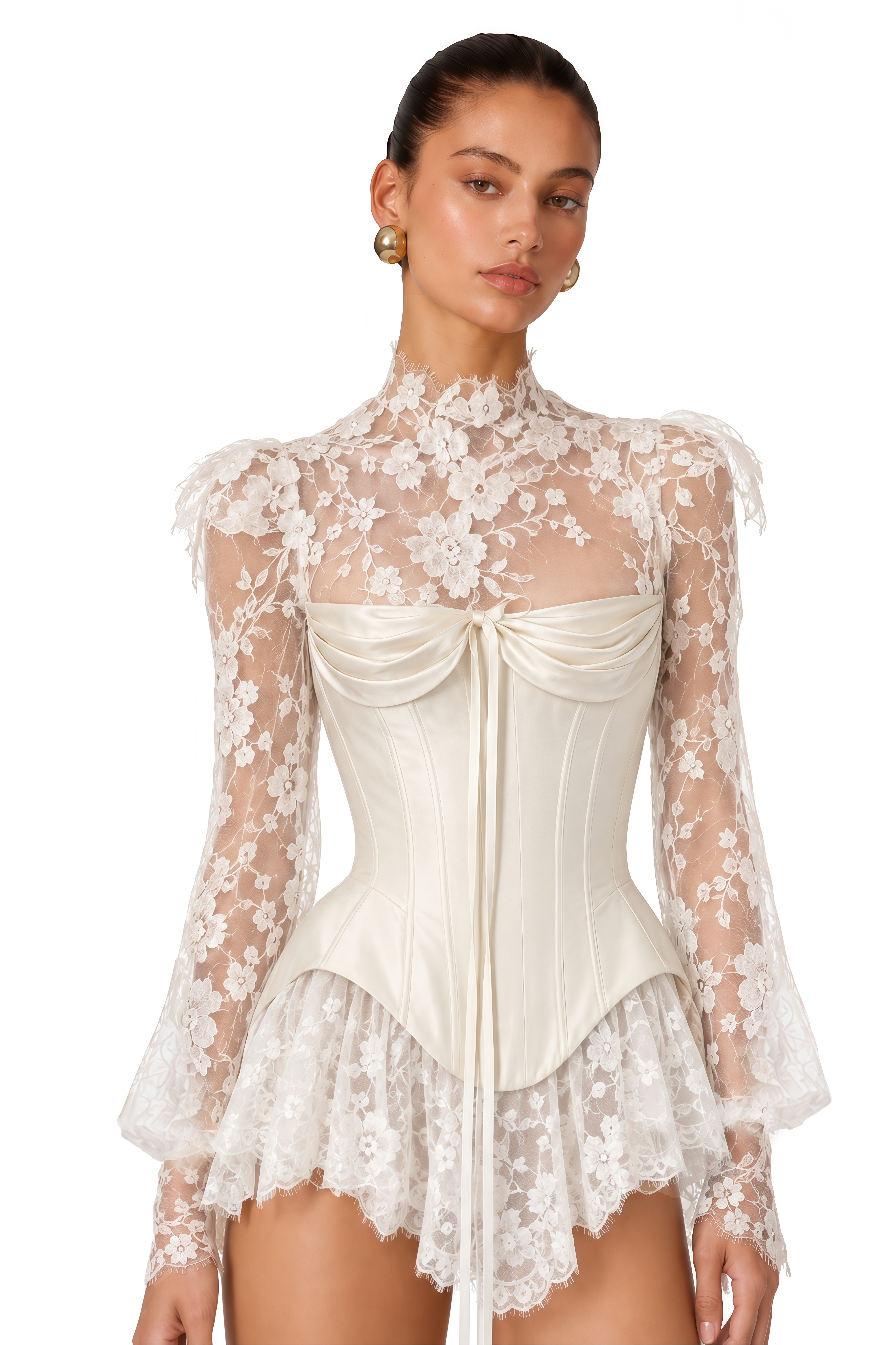 Michalina White Lace Convertible Gown with Long Sleeves