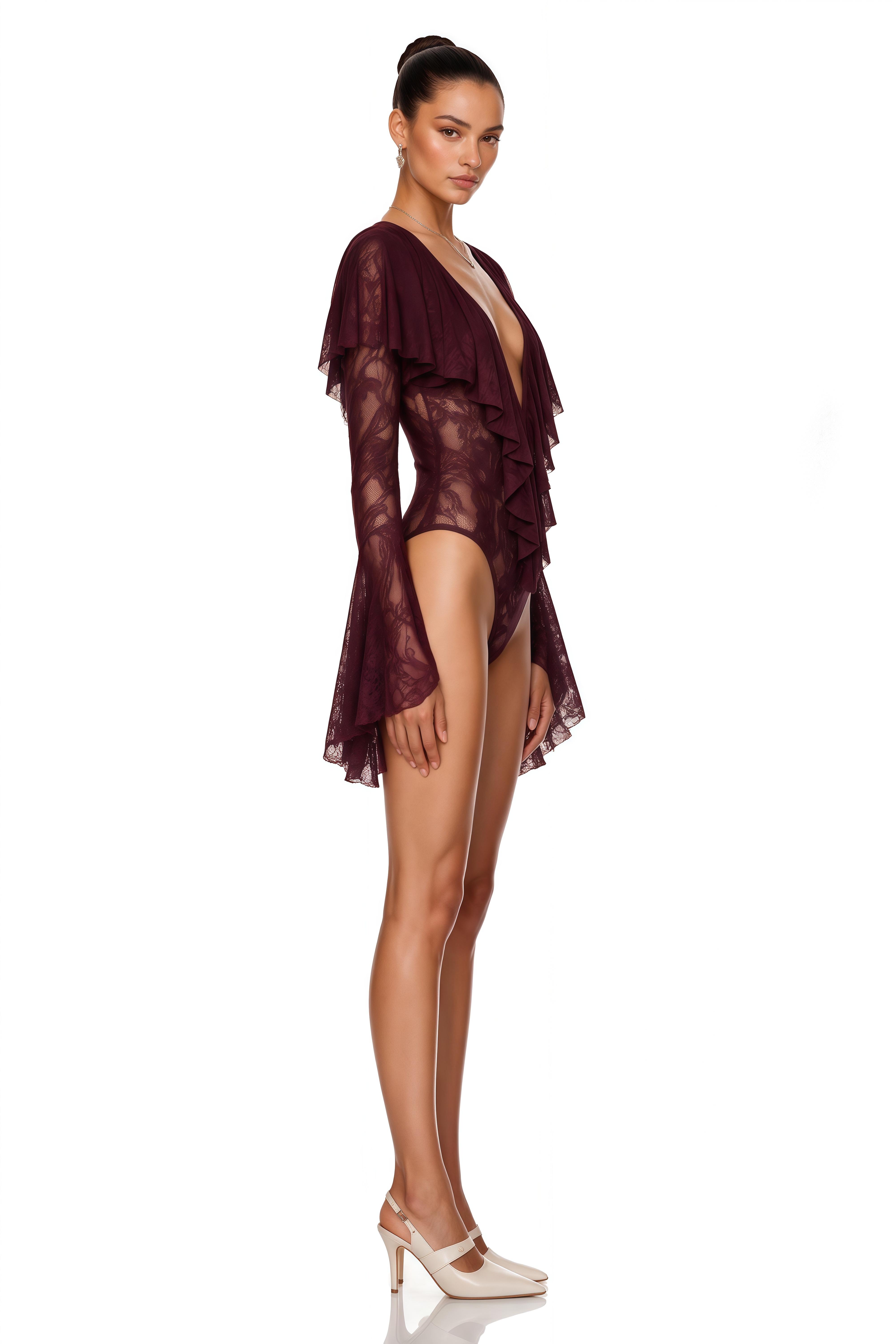 Ruan Burgundy Ruffled Lace Bodysuit