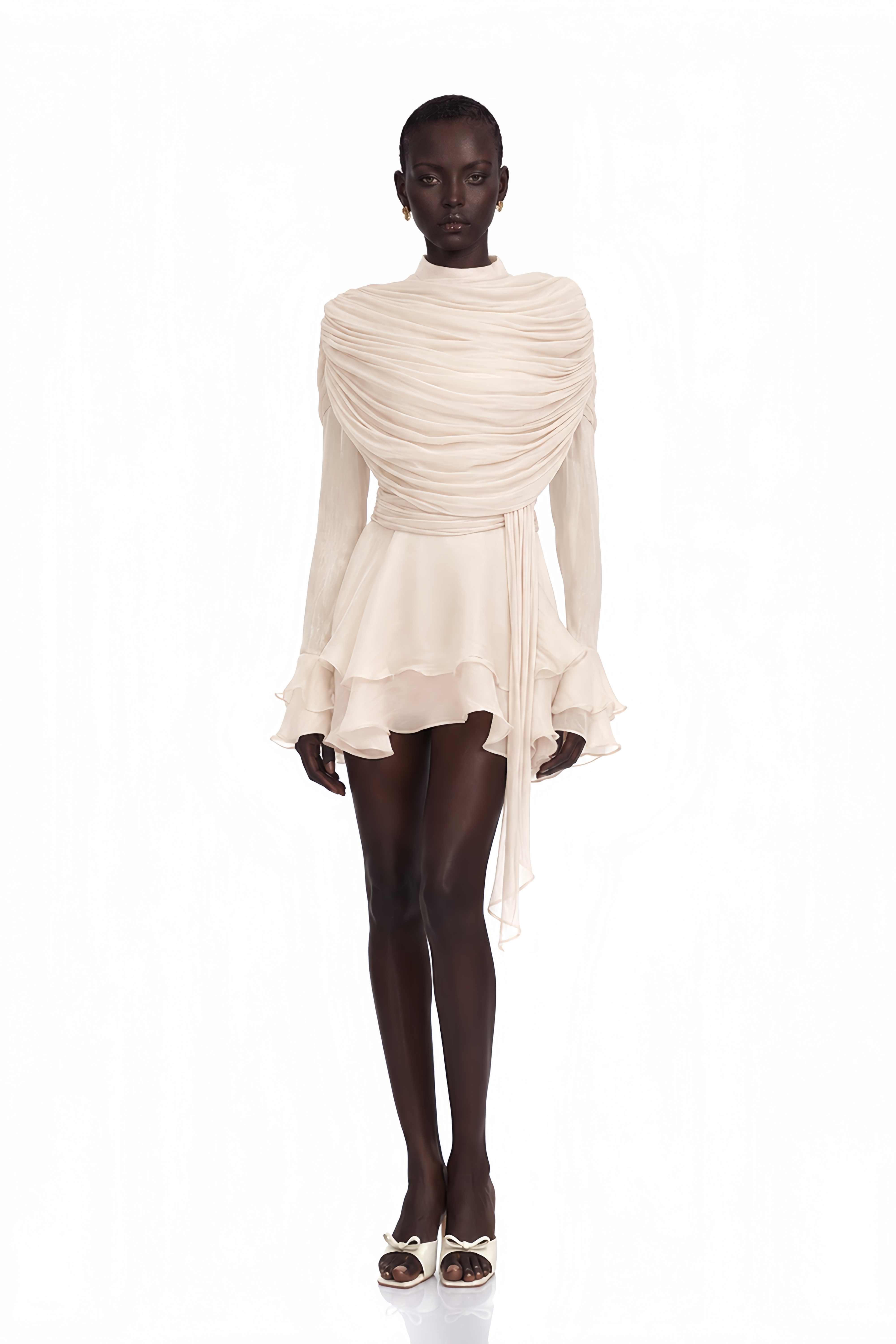 Samira Cream Ruffled Ruched Mini Dress with Ribbon