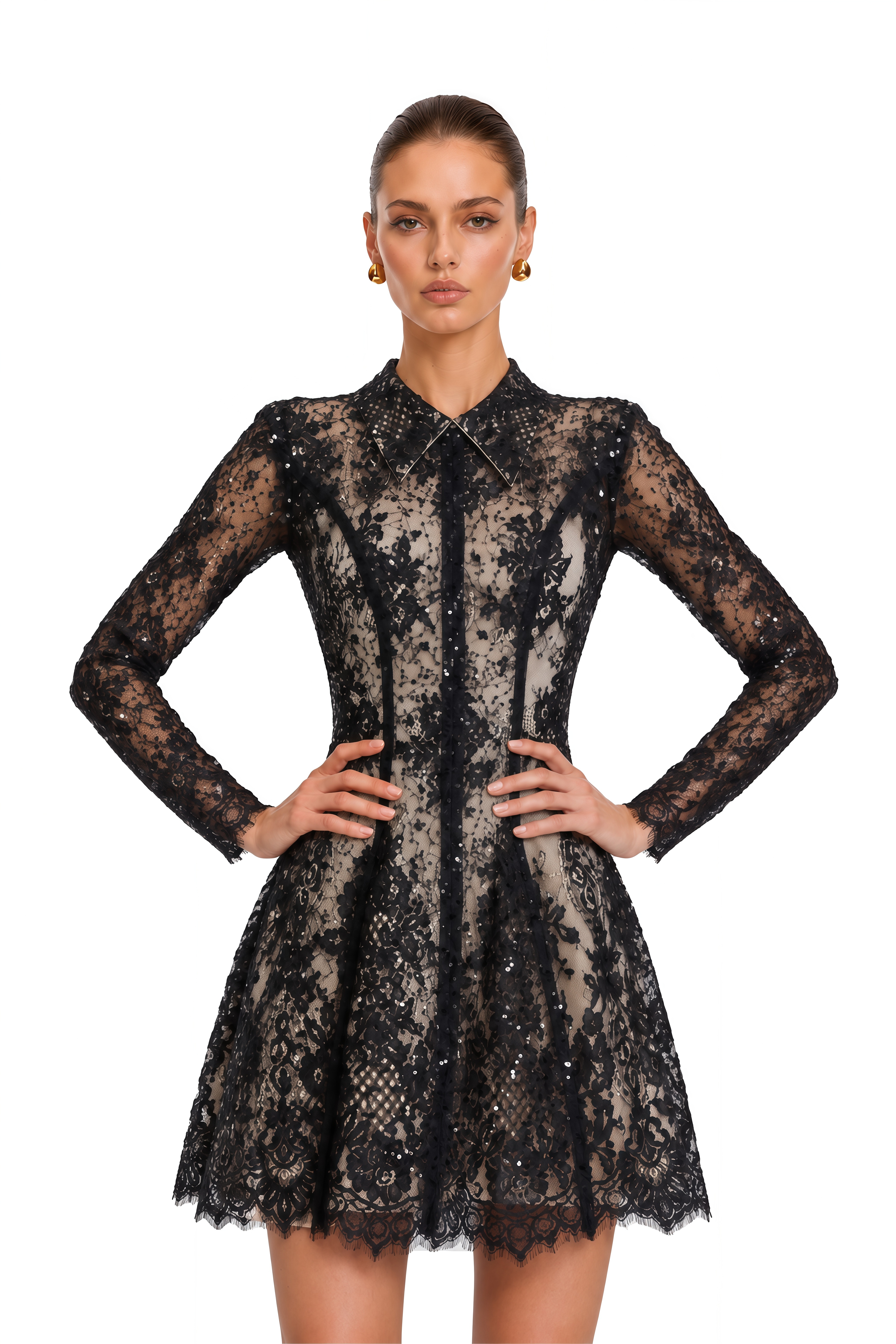 black floral lace mini dress Aleksandra Sequin Colour:DARK CHERRY rockabilly Lydia Mesh Long Sleeve Halter neck catching dress styles designed