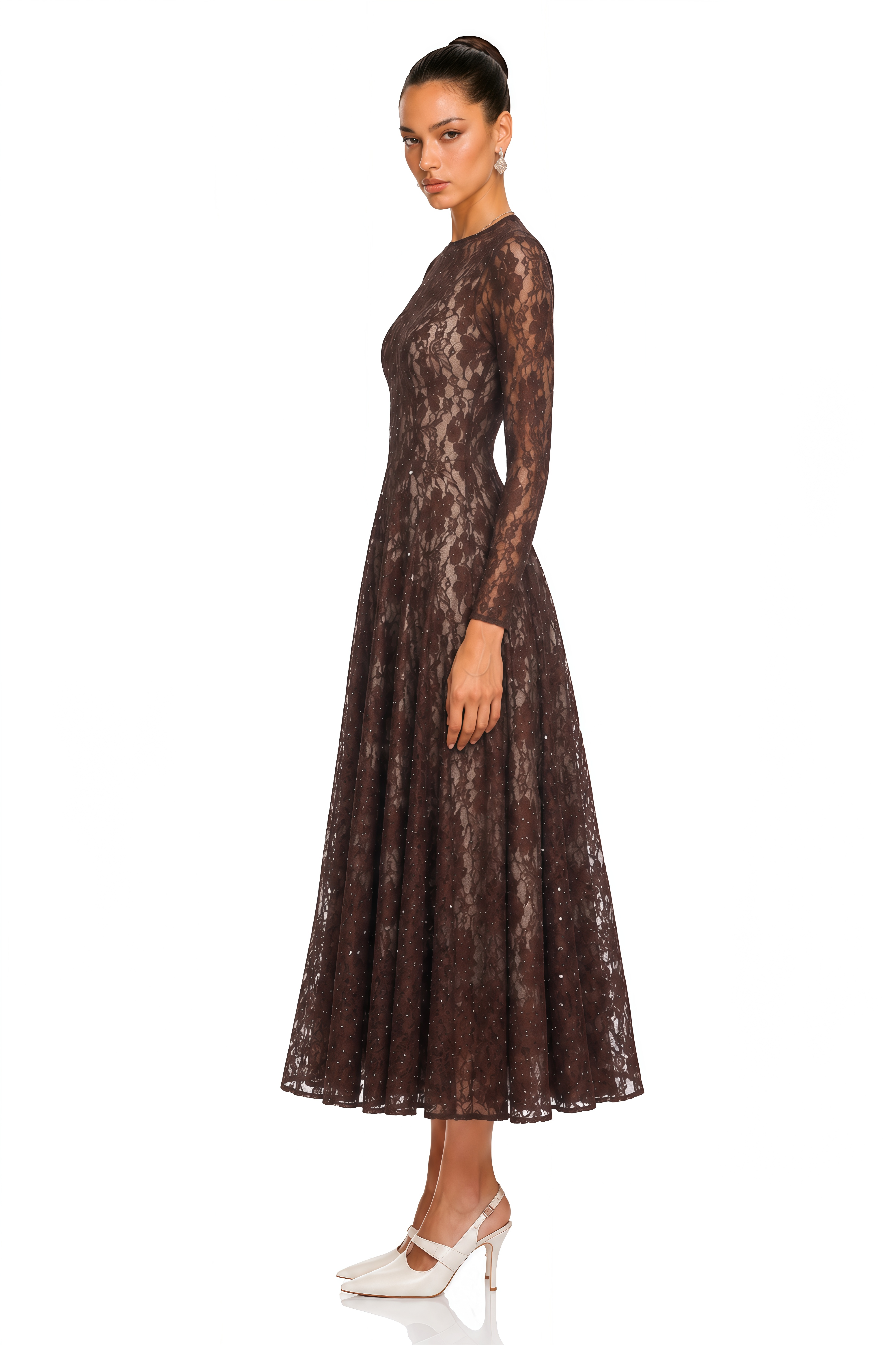 Hazel Brown Round Neck Floral Lace Maxi Dress