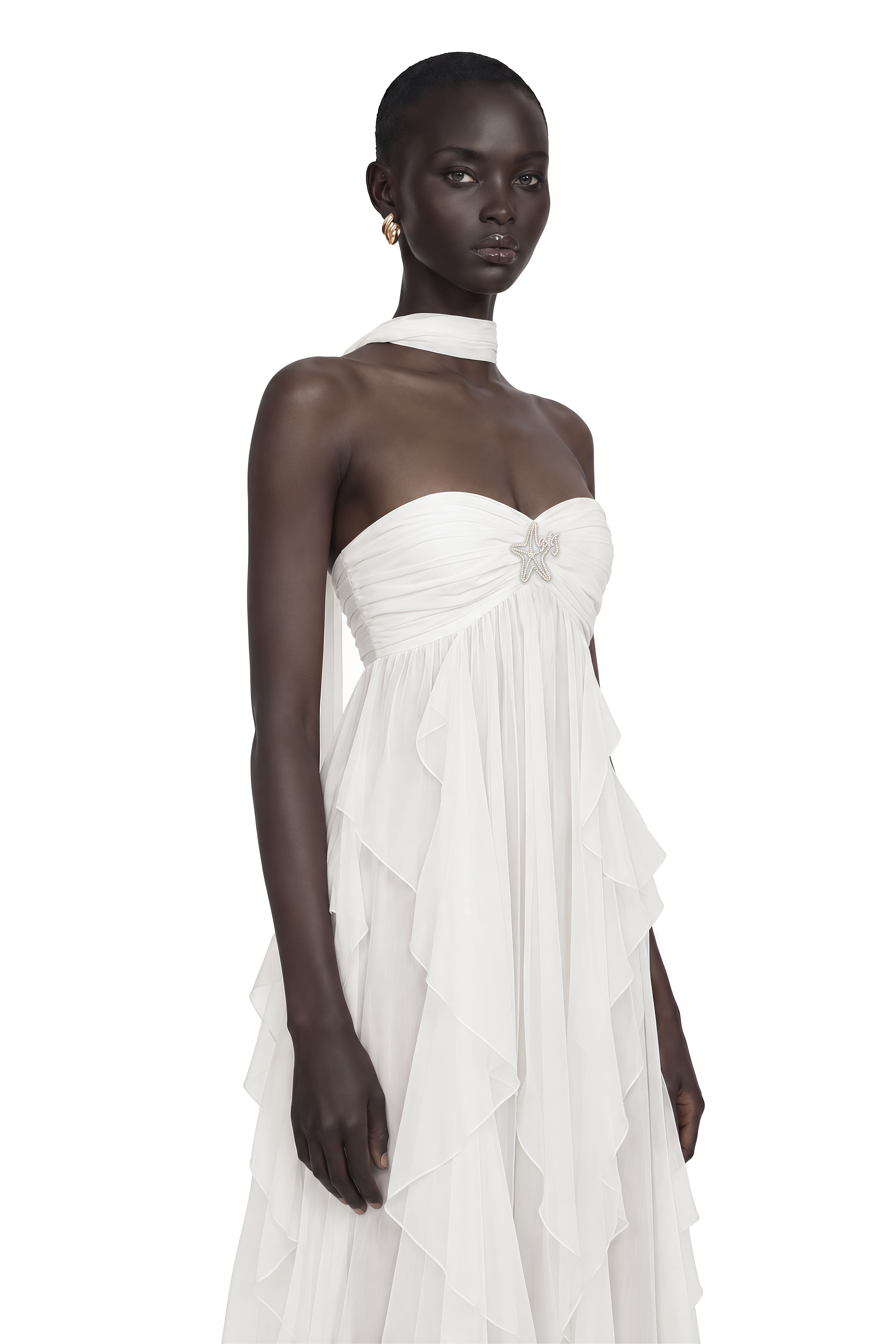 Mariah White Chiffon Ruffle Halterneck Maxi Dress
