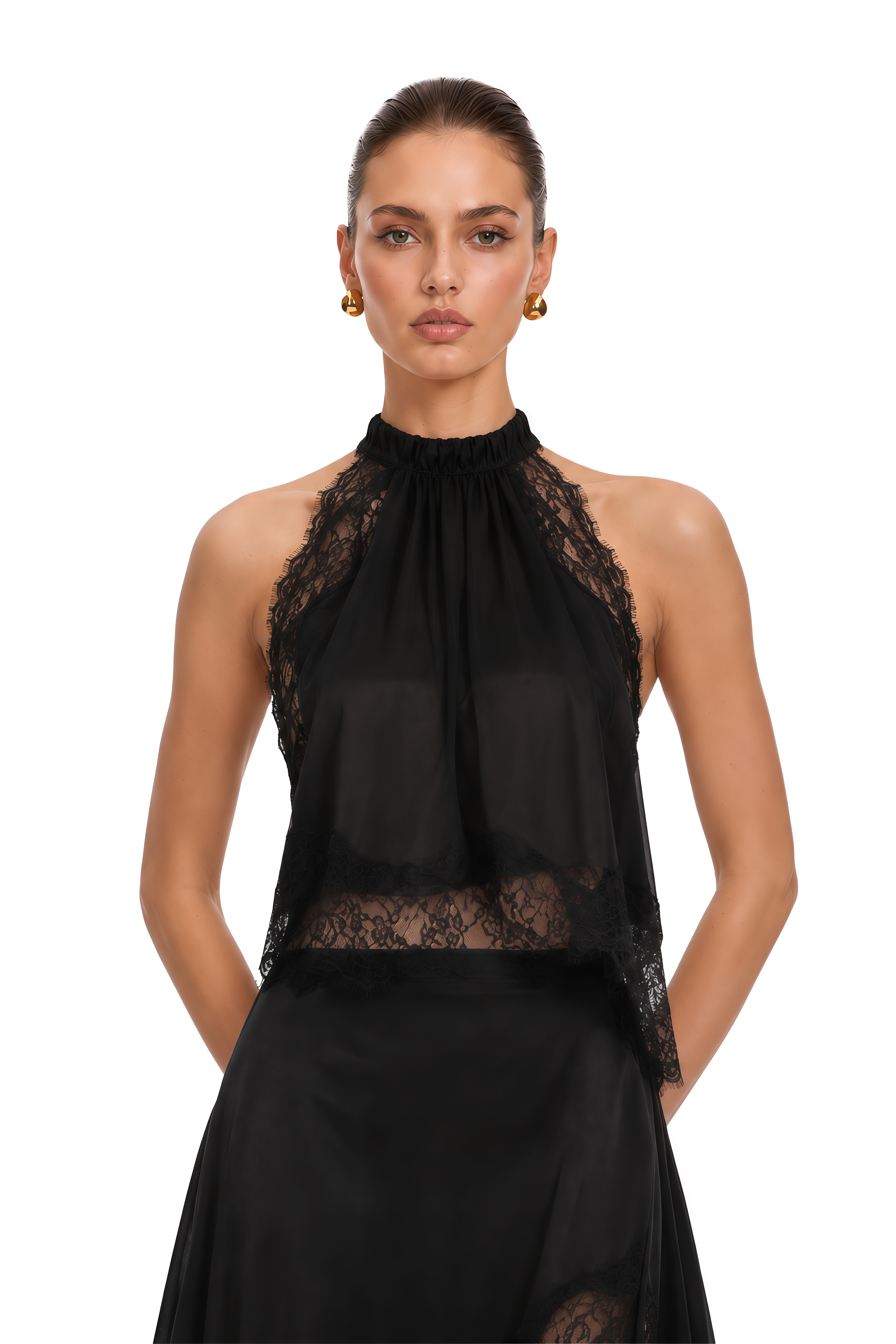 Florence Black Lace Panel Top & Skirt Set
