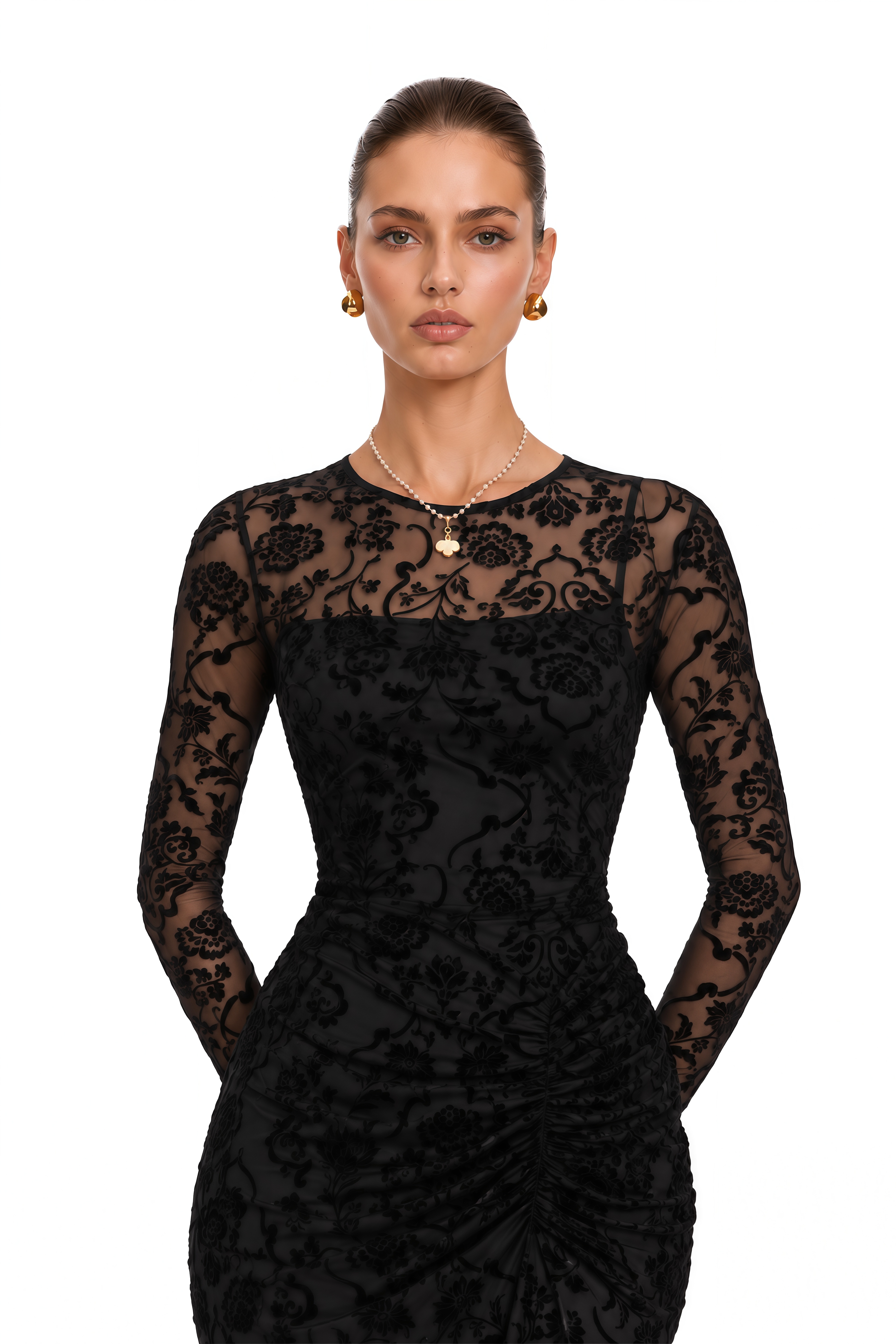 Kismet Black Flocked Floral Ruched Maxi Dress