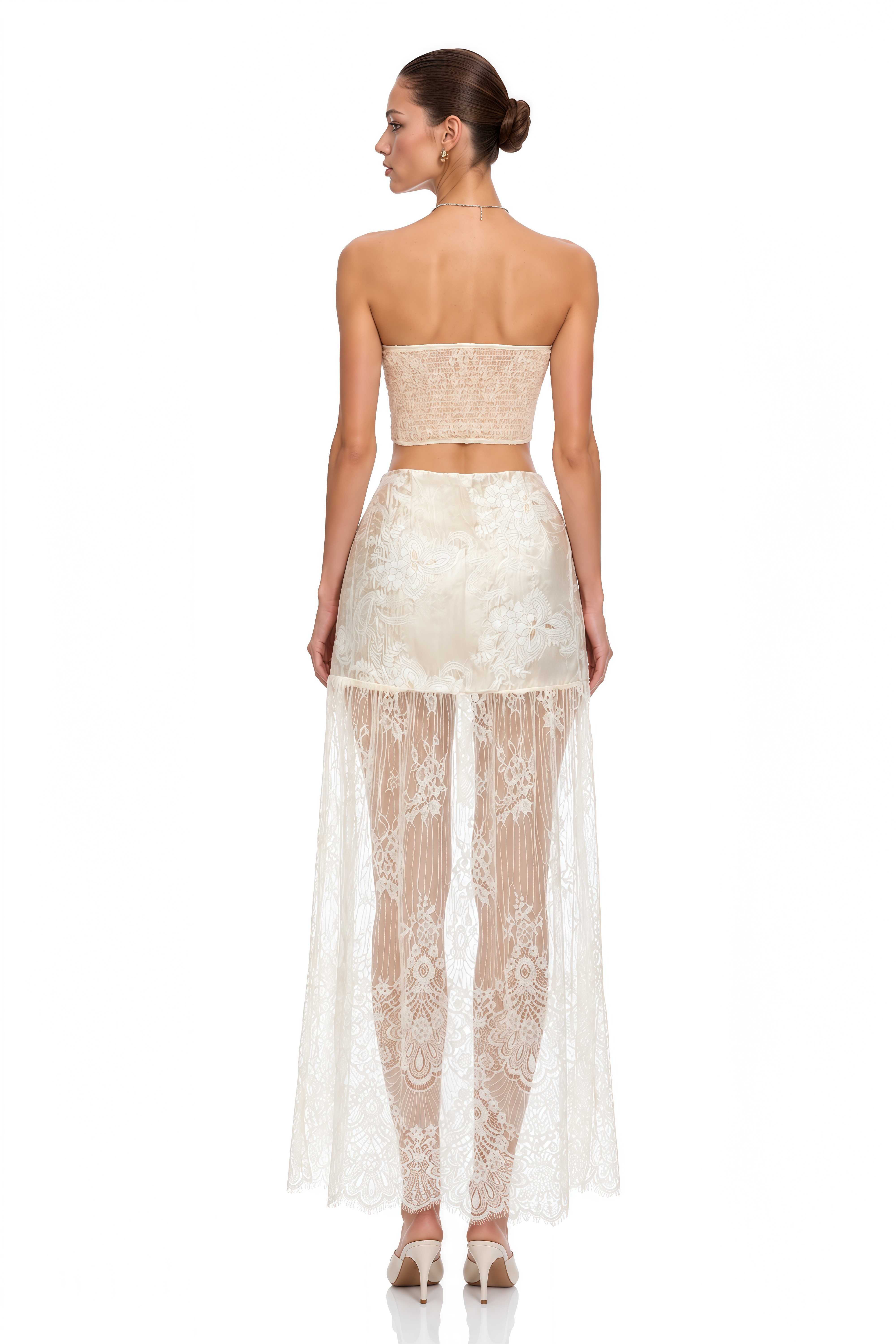 Dove Ivory Lace Bustier Top & Skirt Set with Bow