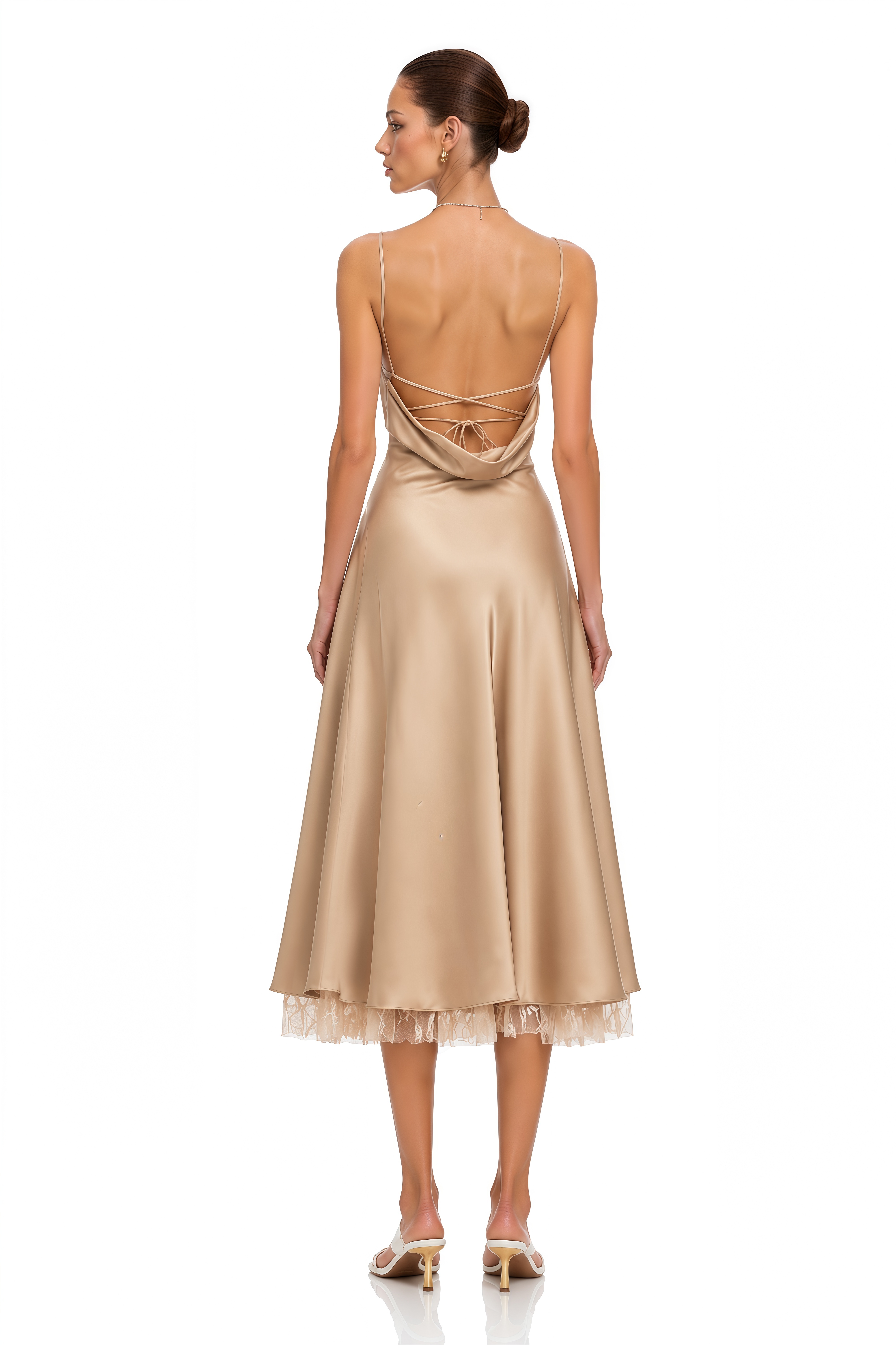 Ananias Khaki Lace Panel Satin Midi Dress