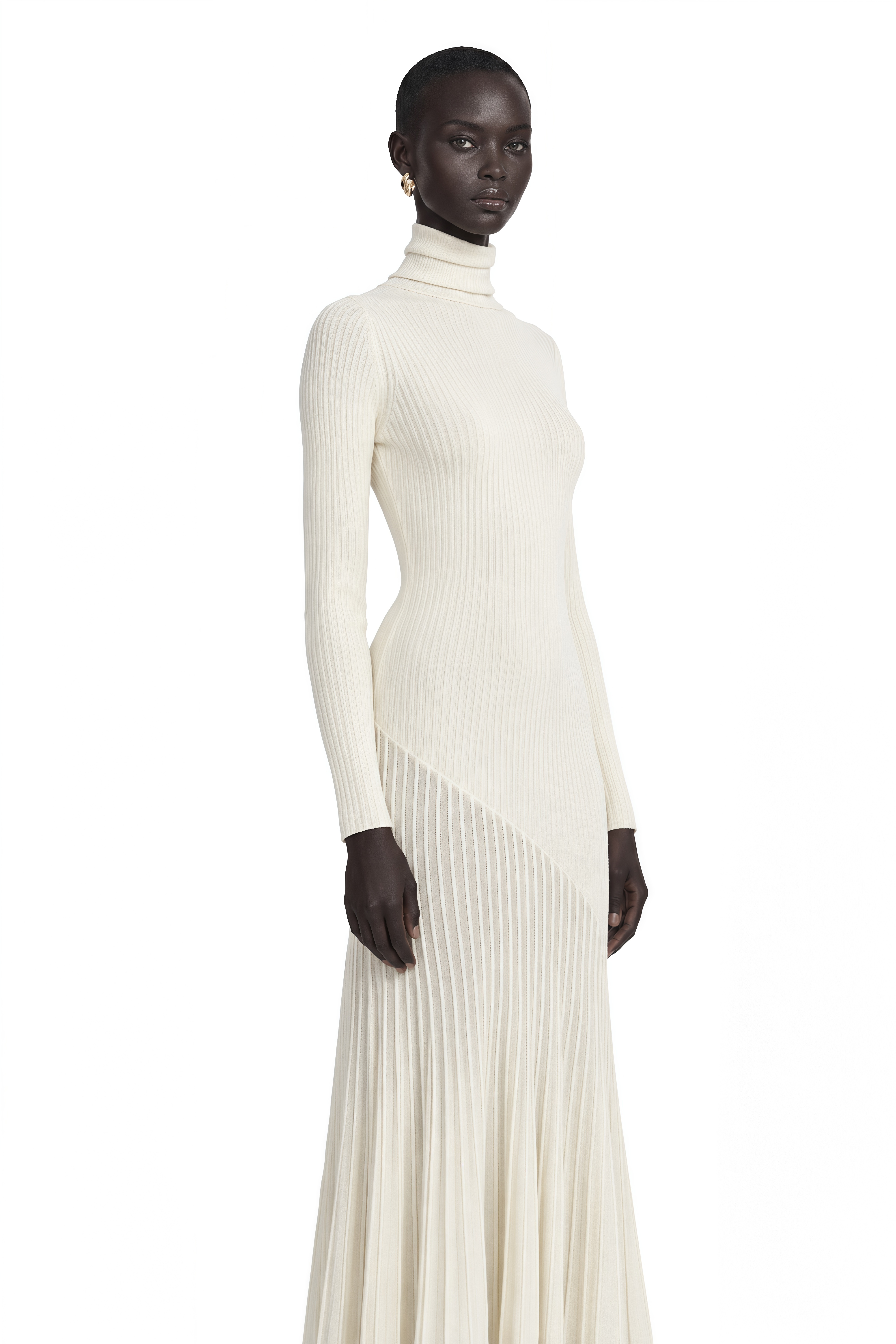 Émeline White Knitted Pleated Midi Dress