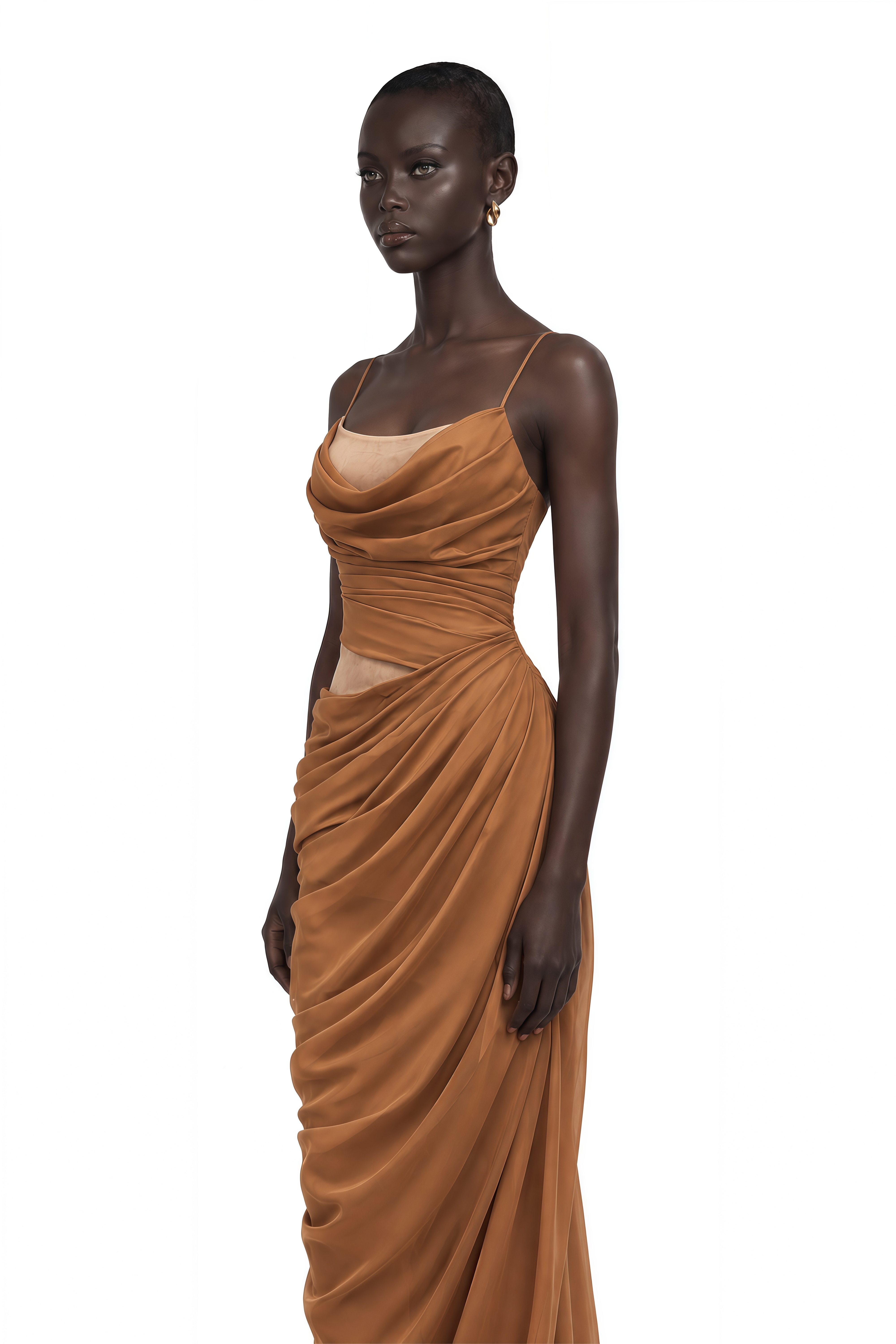 Charisa Khaki Draped Chiffon Maxi Dress