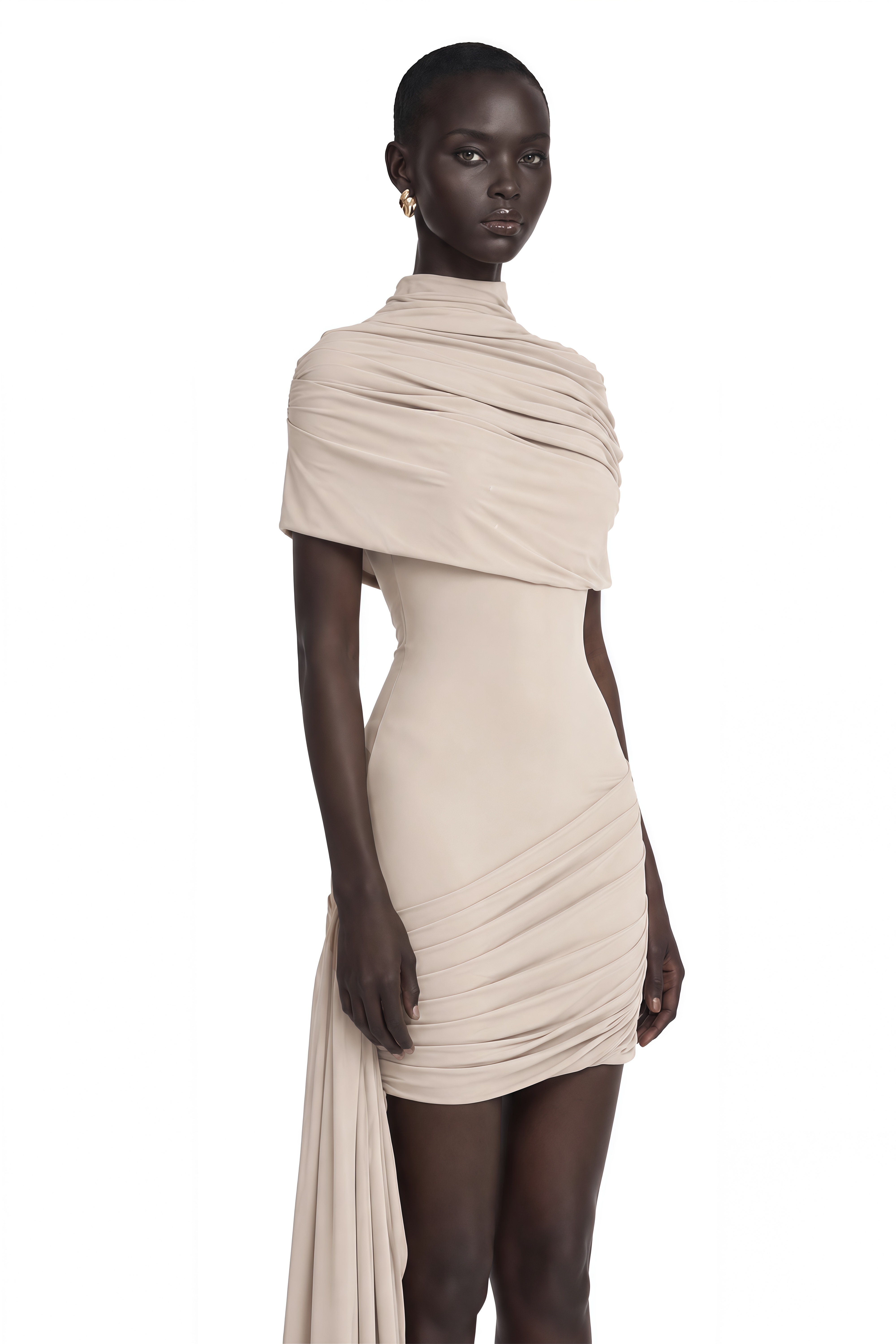Gaëlle Neutrals Cape-Design Ruched Fitted Mini Dress