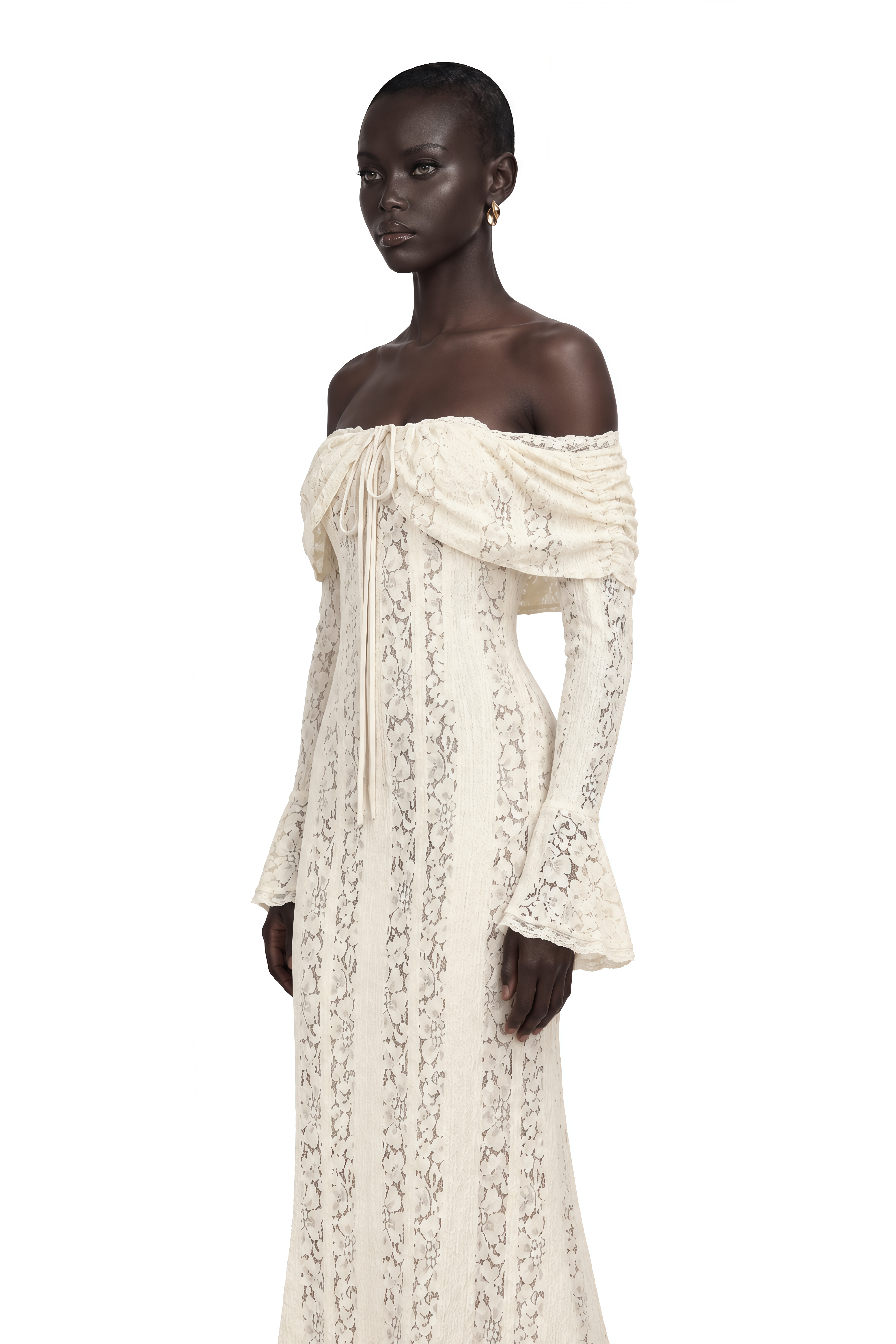 Émeline Floral Lace Train-Design Maxi Dress in Neutrals