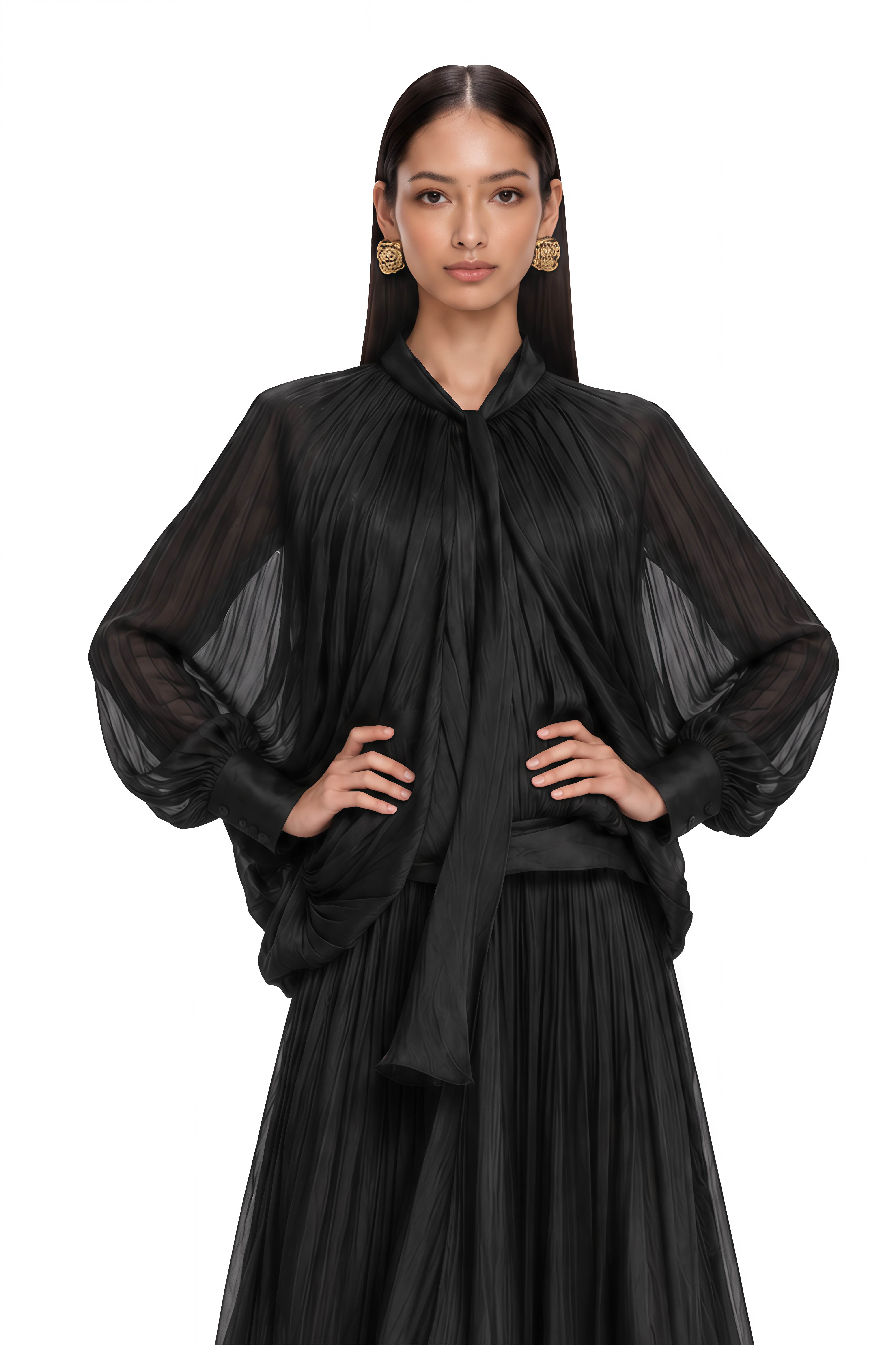 Mila Pleated Satin Maxi Dress in Black