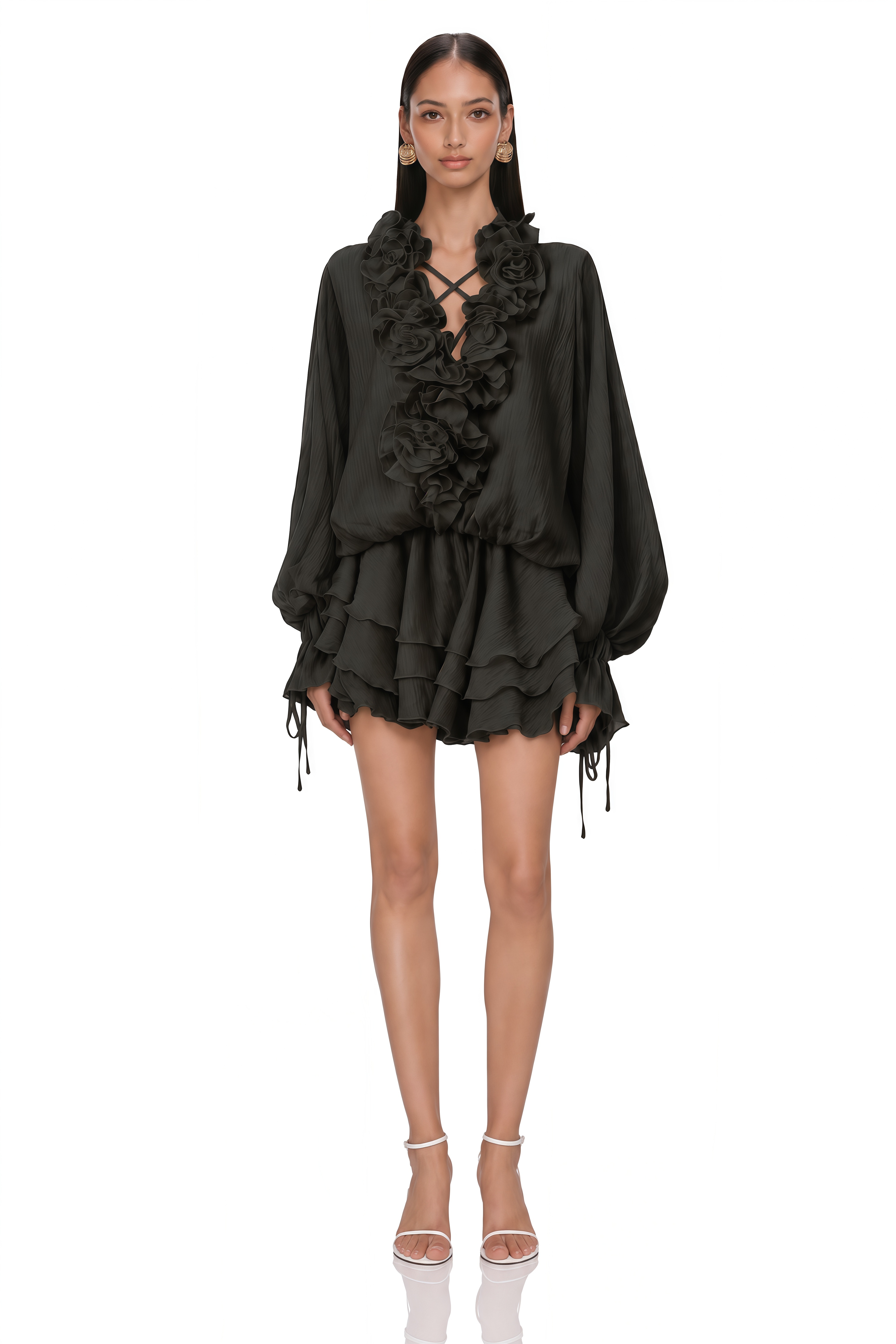Zéphyrine Floral-Appliqué Tiered Mini Dress in Black