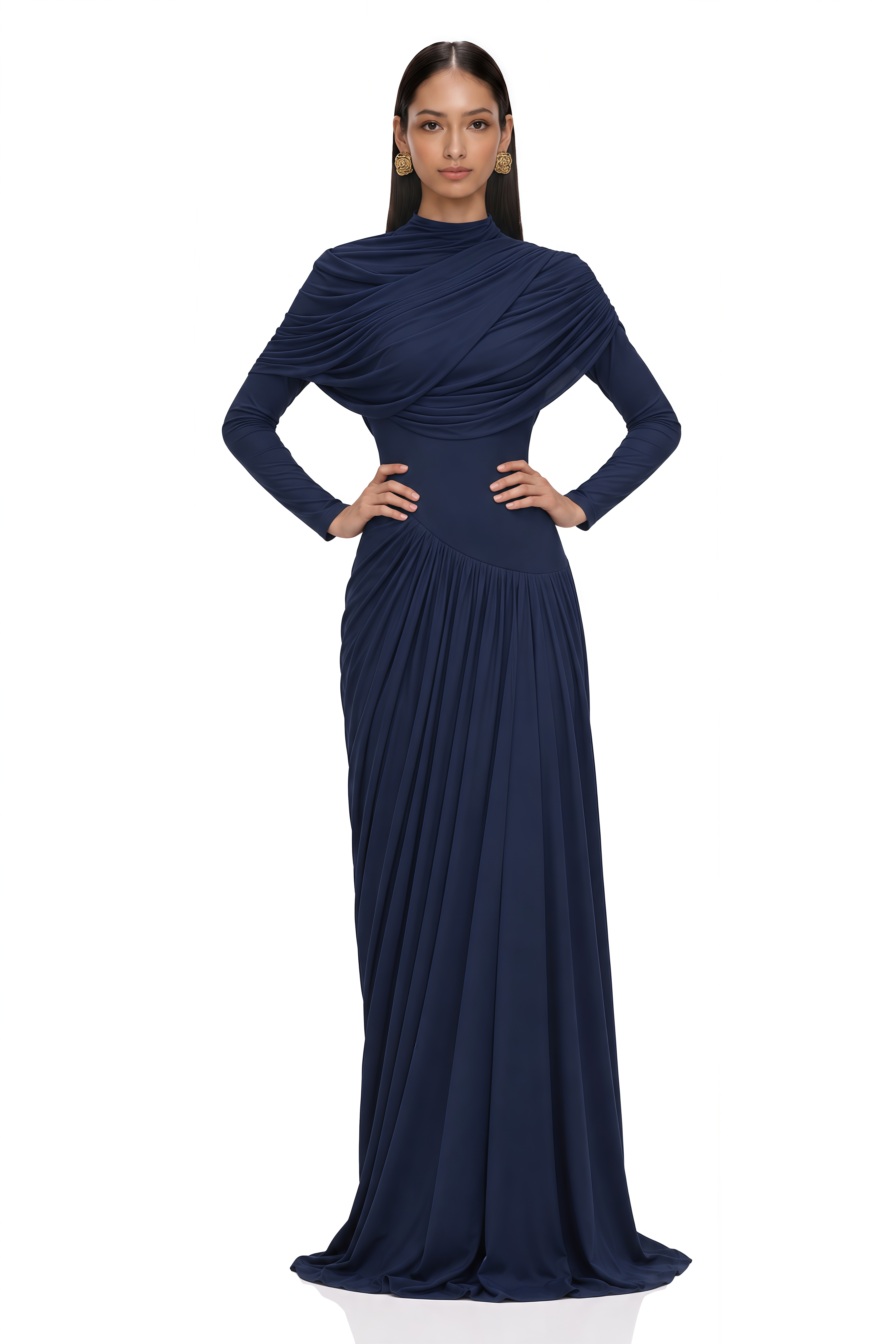 Catherine Navy-Blue Asymmetrical Pleated Long-Sleeve Maxi Dress