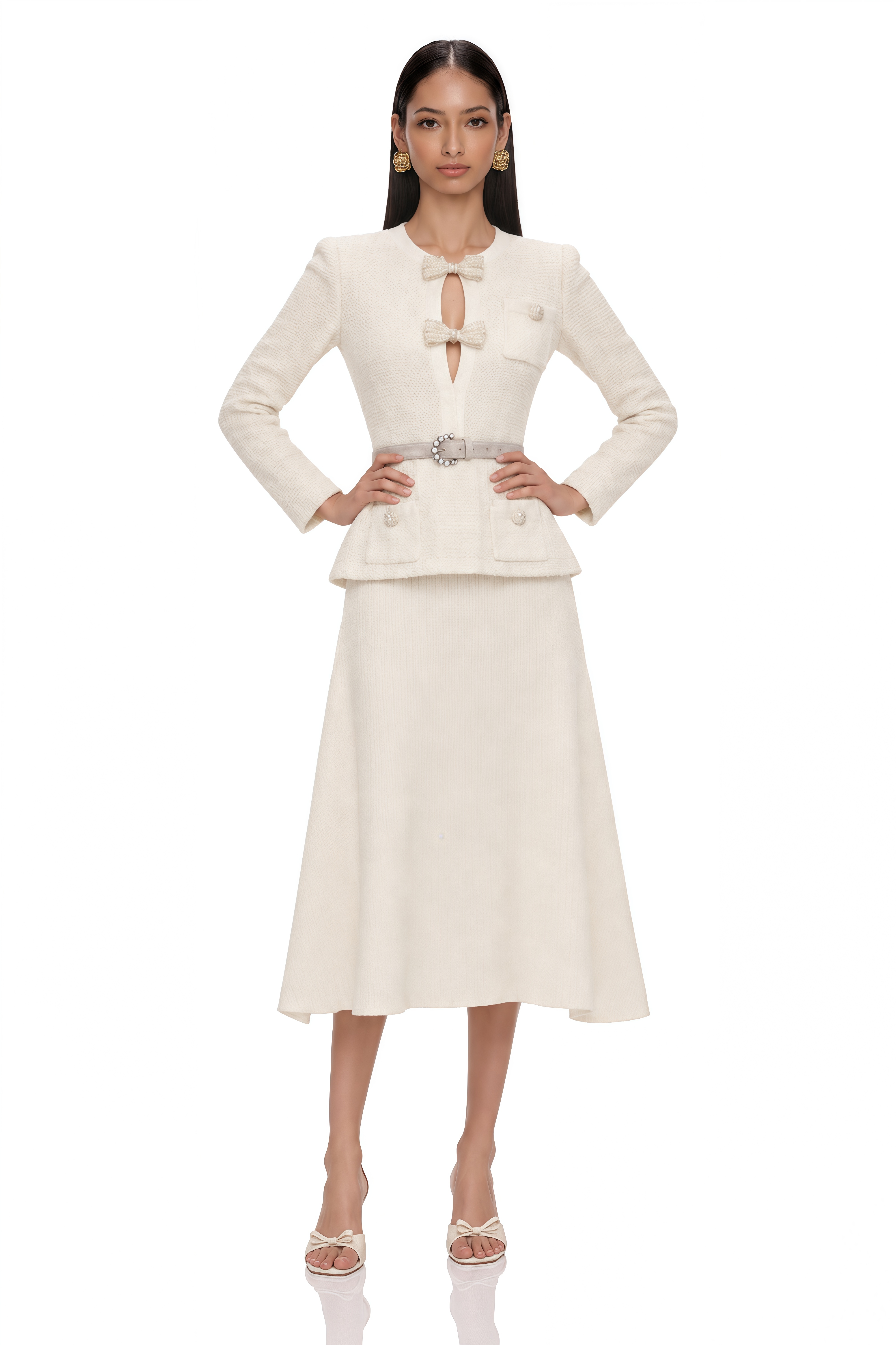 Adélade White Embellished Knit Midi Dress