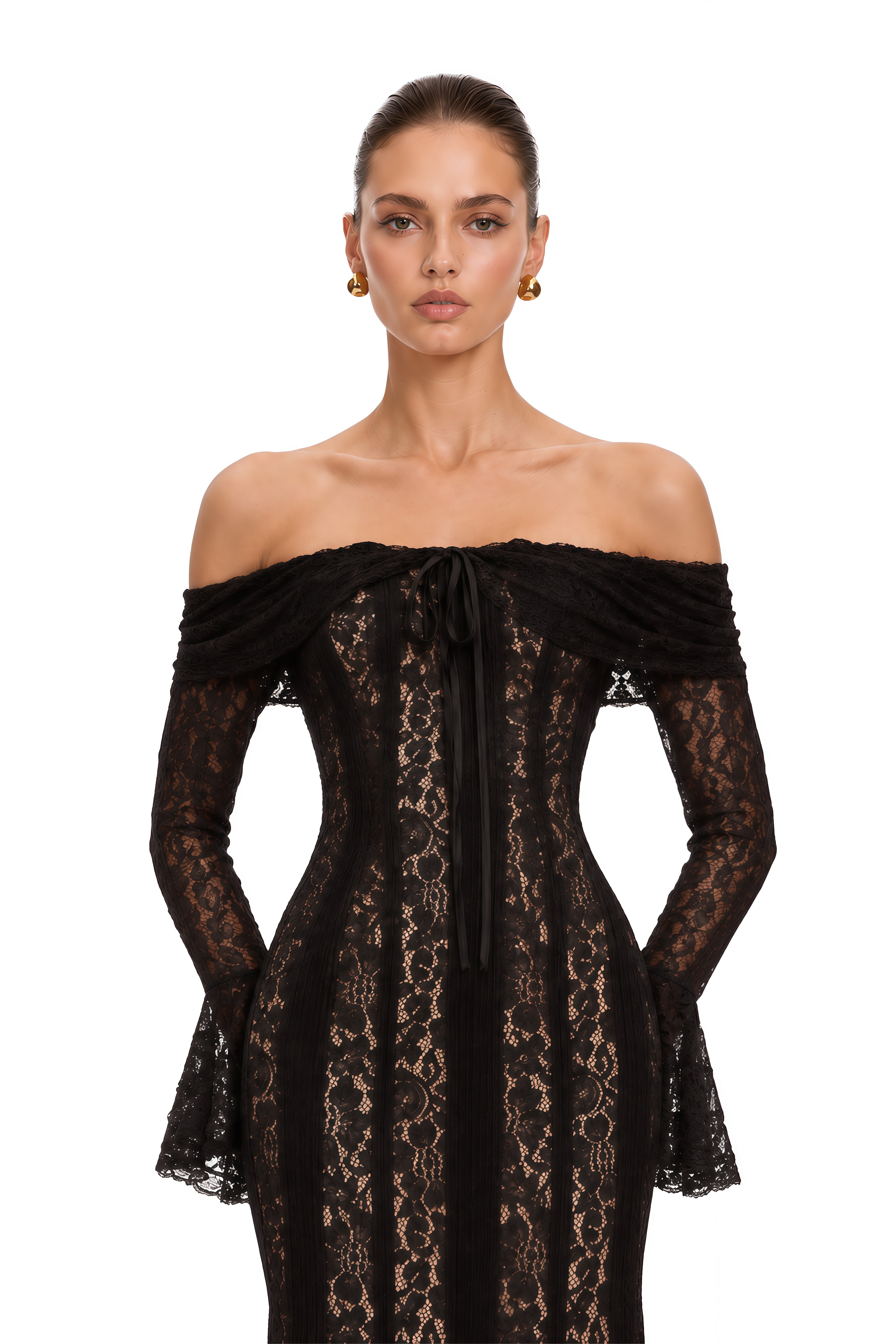 Émeline Floral Lace Flared-Cuff Midi Dress in Black