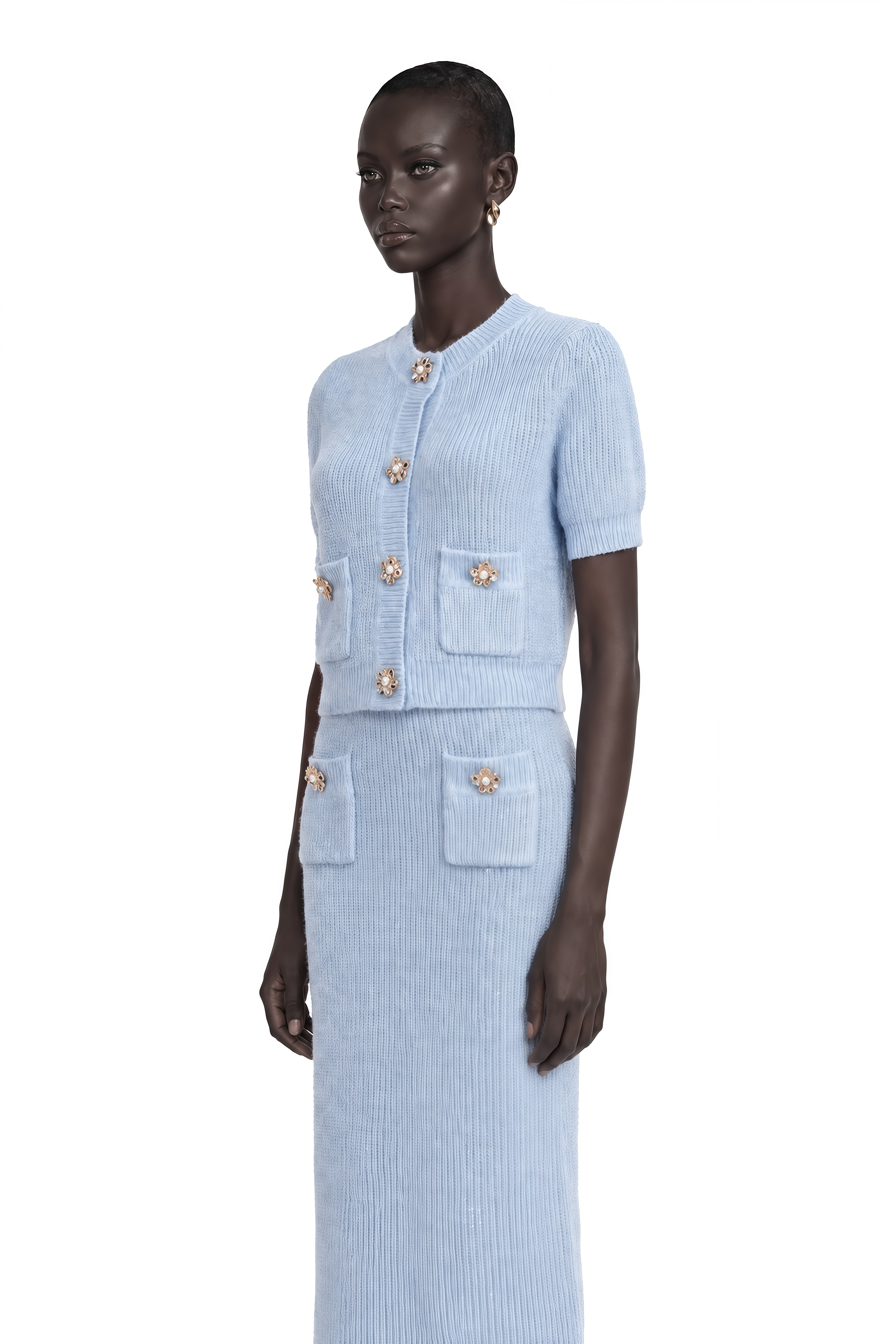Chantal Blue Knit Two-Piece Blouse and Skirt Set