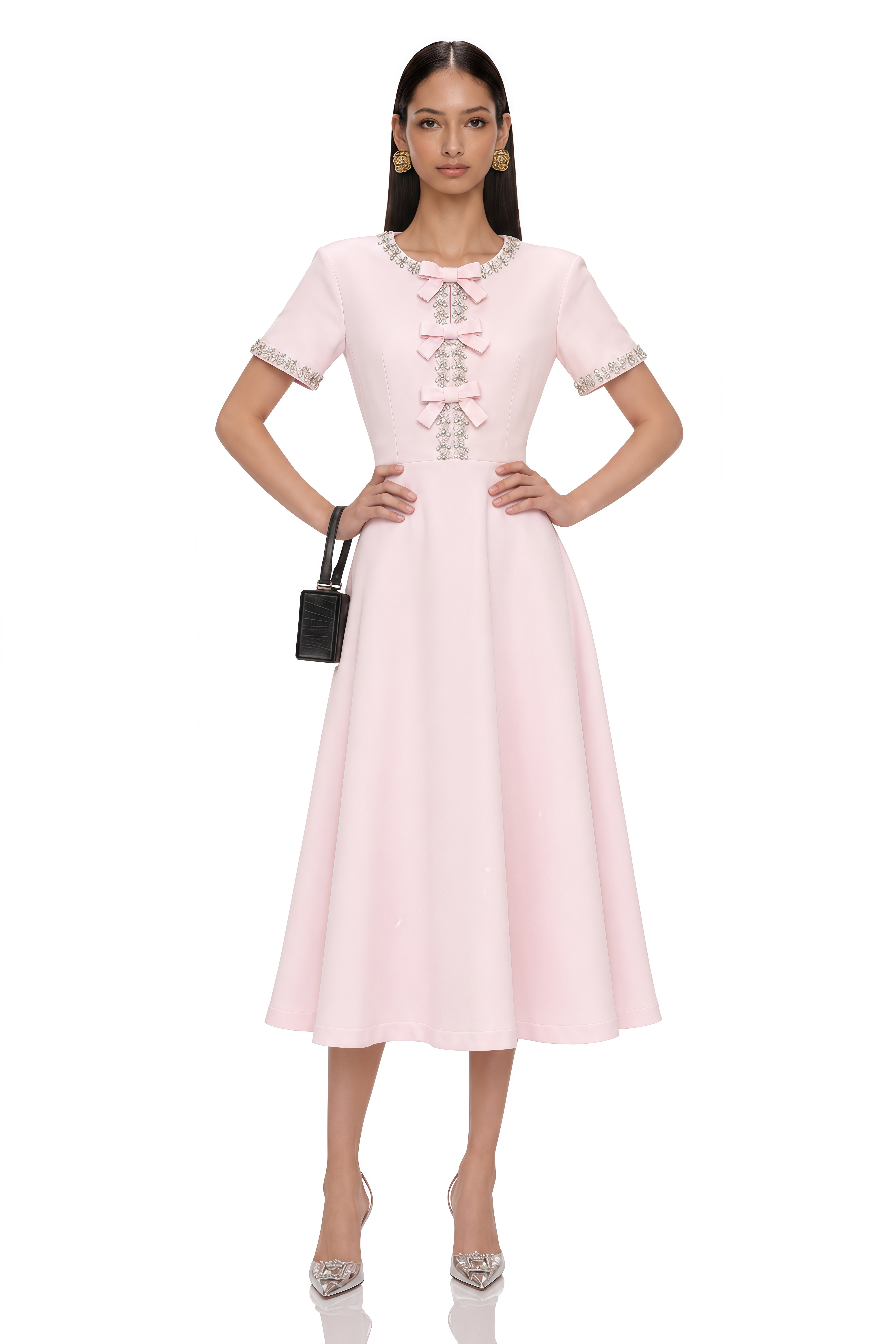 Cassiopeia Crystal-Accented Pink Bow Midi Dress
