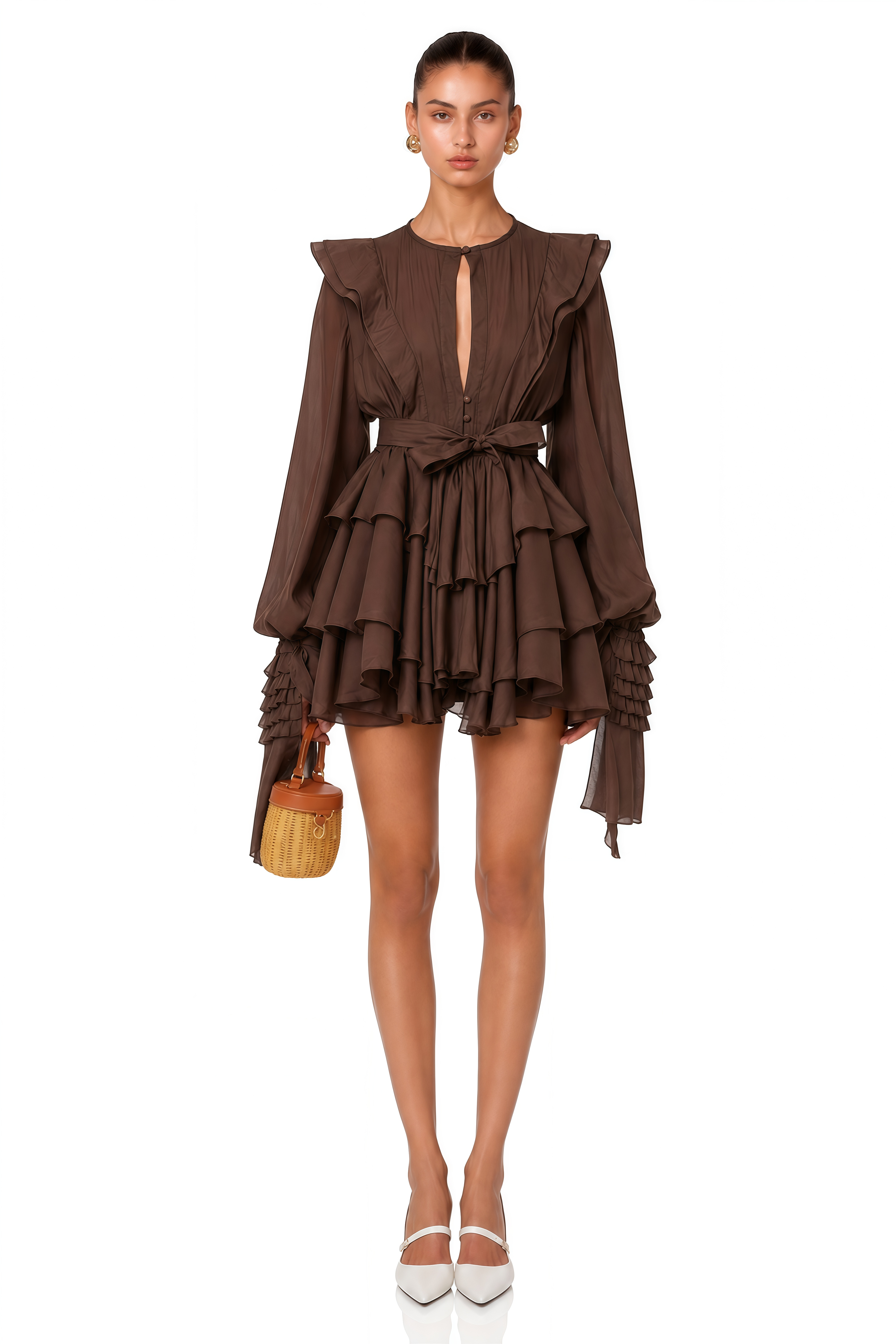 Annabelle Brown Cutout Ruffled Mini Dress