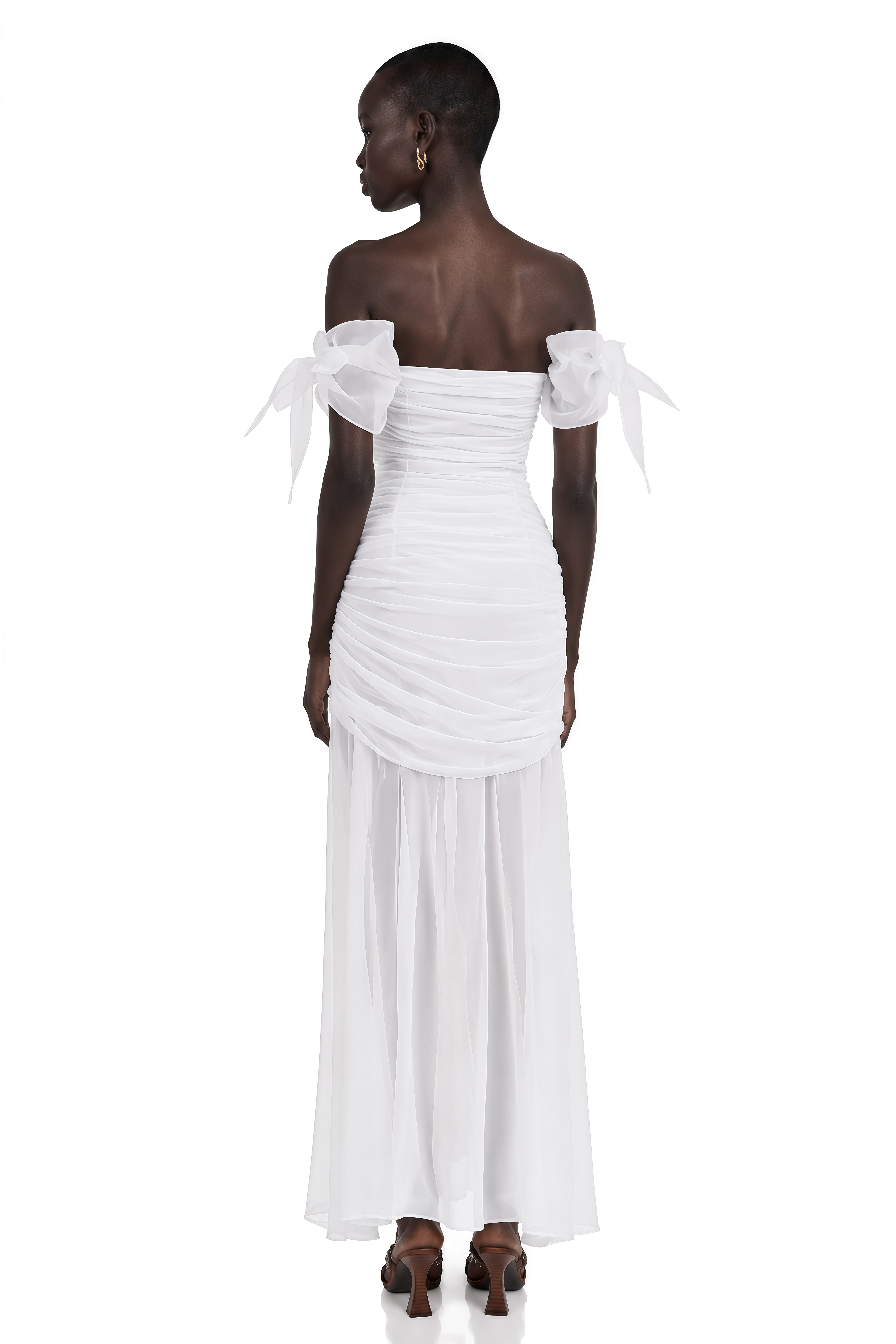 Brandusa White Bowknot Ruched Chiffon Midi Dress