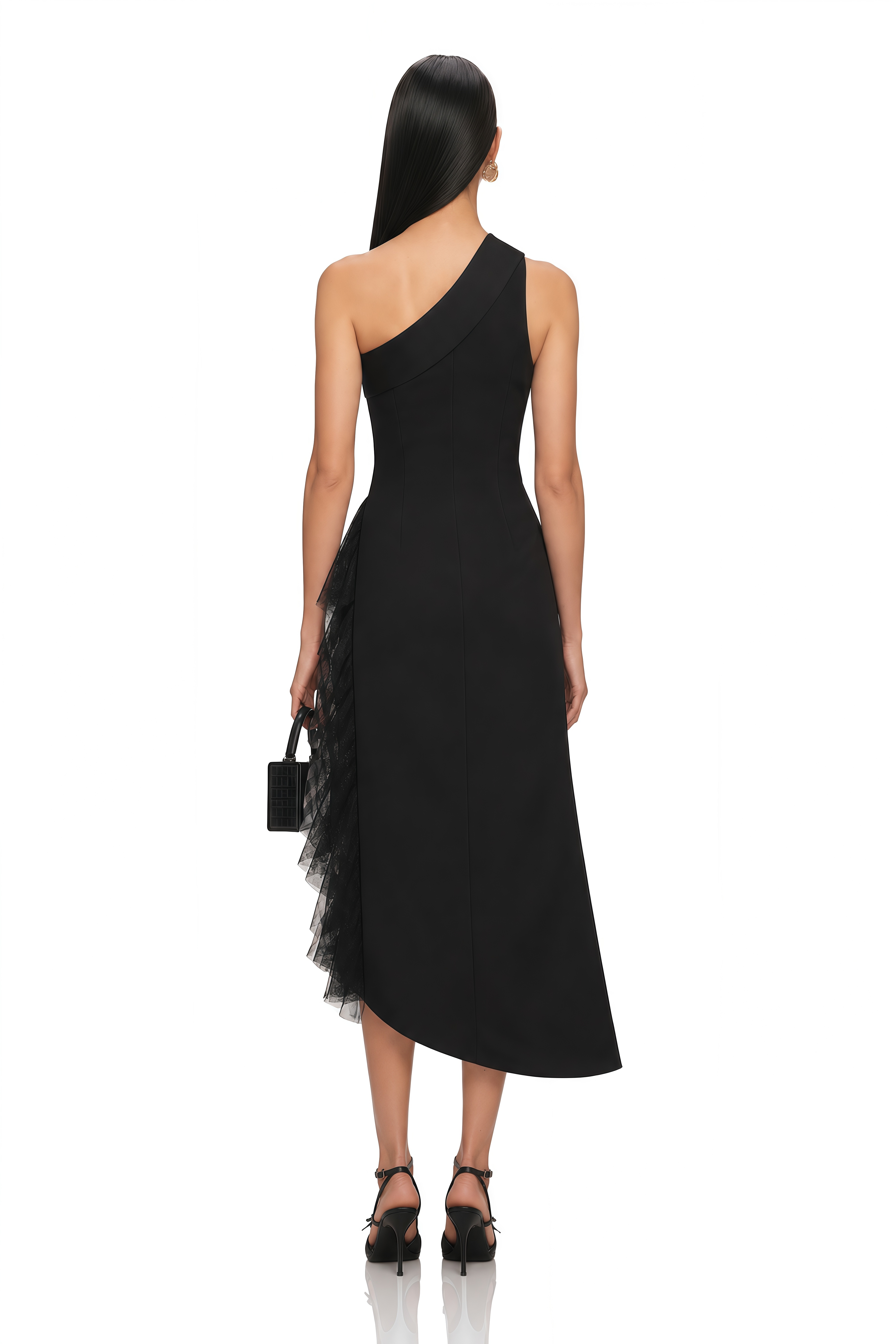 Bernadette Black Lace-Panel Asymmetrical Midi Dress